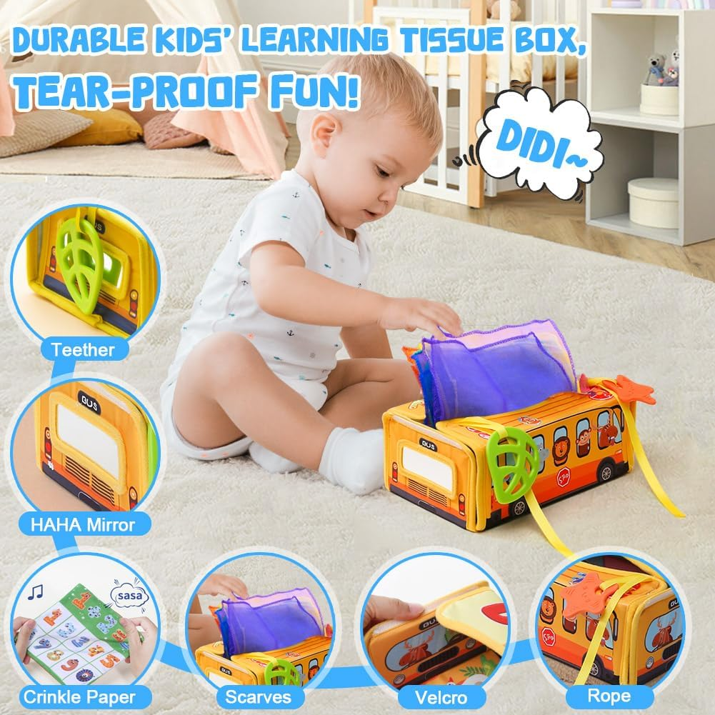Baby Tissue Box Toy 6 Crinkle Papers 12 Silk Scarves-Montessori Toys for Babies 6 Months+-Sensory Tissue Box Toy Detachable to a Hanging Toy for Boys Girls Kids image number 6