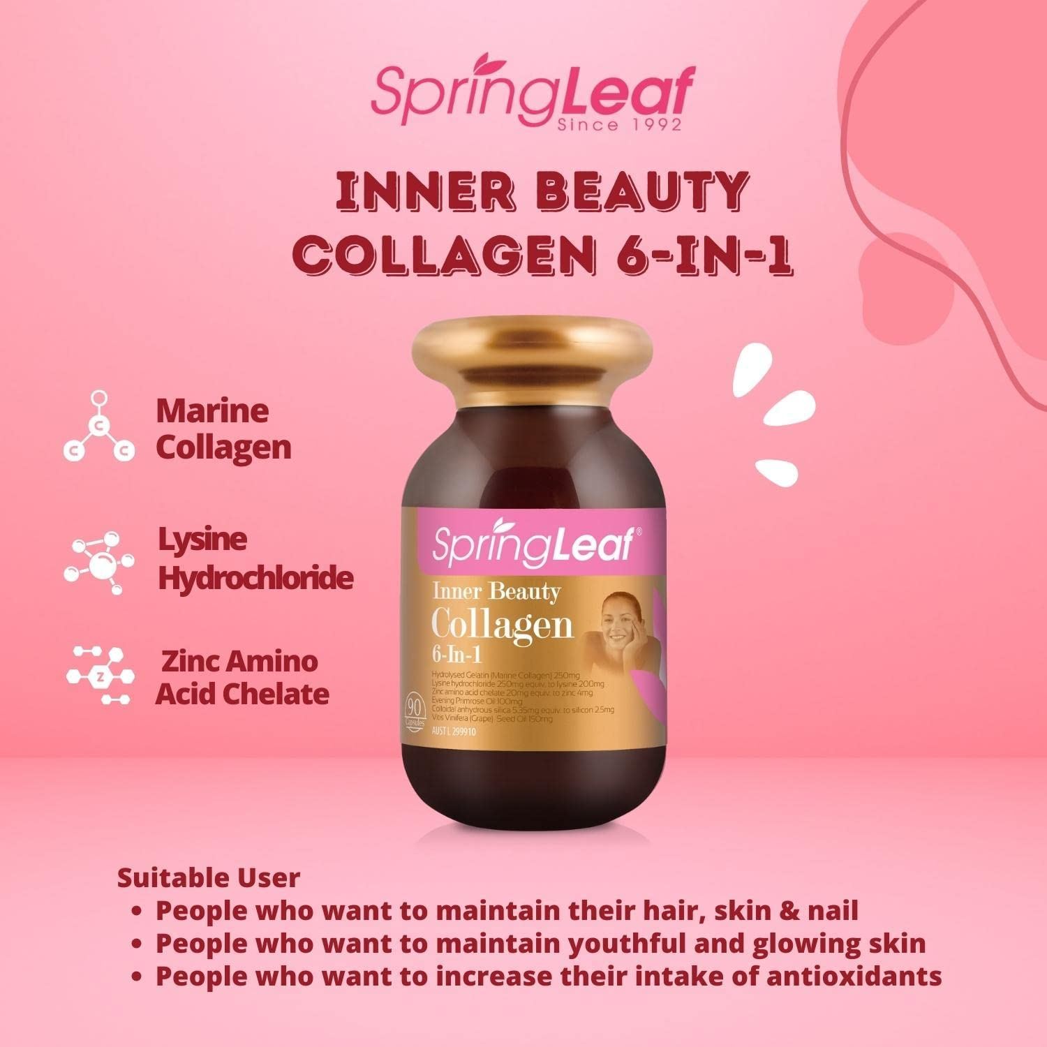 Spring Leaf Inner Beauty Collagen 6-In-1 90 Capsules - Hydrolyzed Marine Collagen - Add Grapeseed for Better Antioxidant - Improve Skin Elasticity and Cell Repair