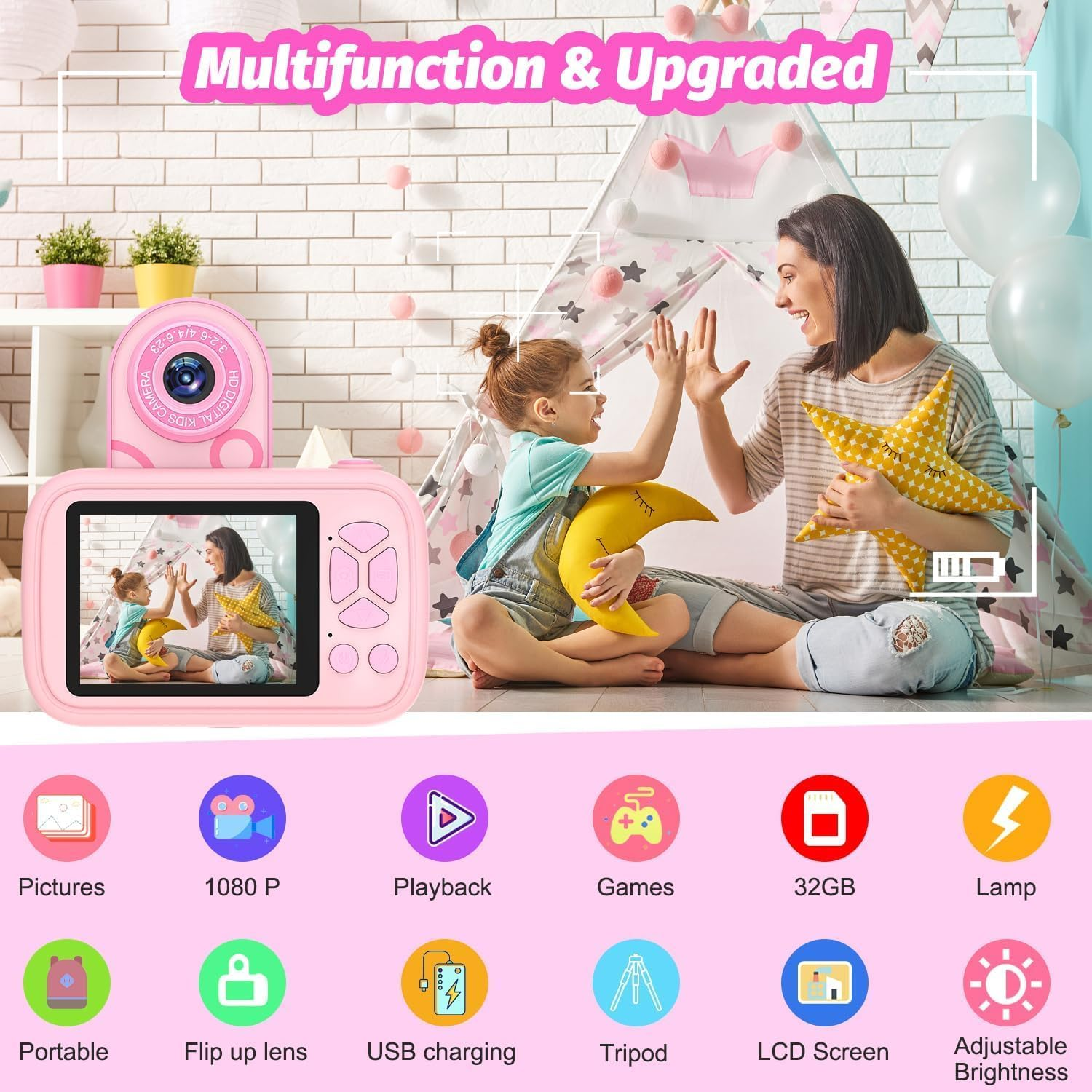 ZONEY Kids Camera Toys,Children'S Camera with Flip-Up Lens for Selfie & Video, 32G 1080P HD Digital Camera with Flash Lamp, Video Recorder, Birthday Gifts for Boys Girls (Pink)