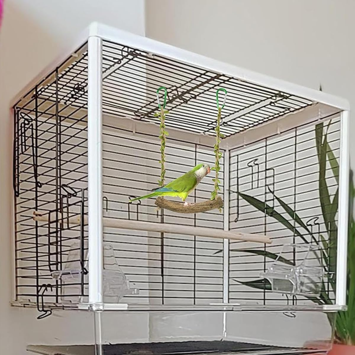 AIMALL Parrot Swing Station with Rattan Wood Pole, and Green Carabiner &ndash; Birdcage Decoration and Perch for Parrots image number 4