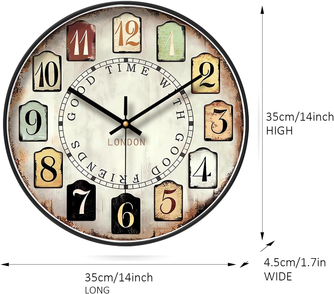 European Style Silent Non-Ticking round Classic Clock Retro Quartz Decorative Battery Operated Wall Clock for Living Room Kitchen Home Office 14 Inch