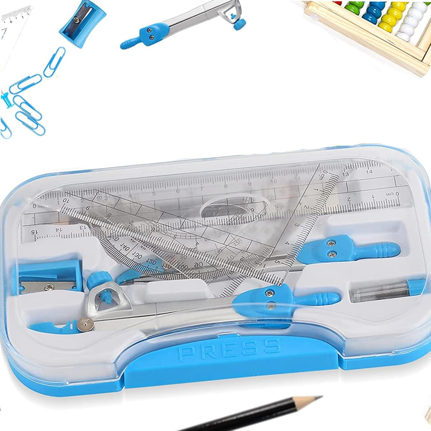 Math Geometry Kit Sets 10 Piece Student Supplies with Shatterproof Storage Box, Includes Rulers, Protractor, Compass, Eraser, Pencil Sharpener, Lead Refills, Pencil, for Drafting and Drawings image number 1