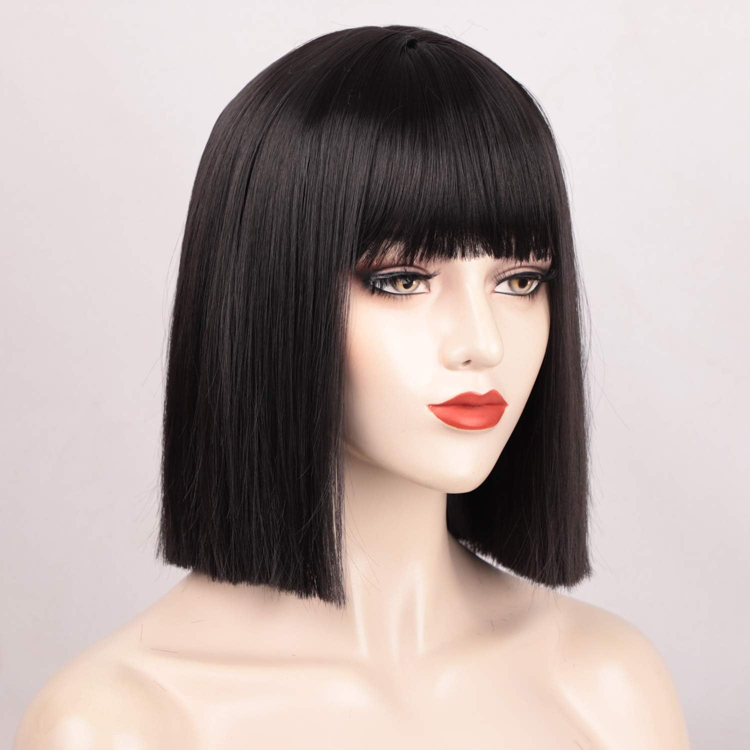 ENTRANCED STYLES (Black) - Black Bob Wig with Bangs, Short Black Wig for Women Straight Bob Wigs Heat Resistant Synthetic Wig Mia Wallace Cleopatra Cospaly Daily Party Cosplay Use 12" image number 2