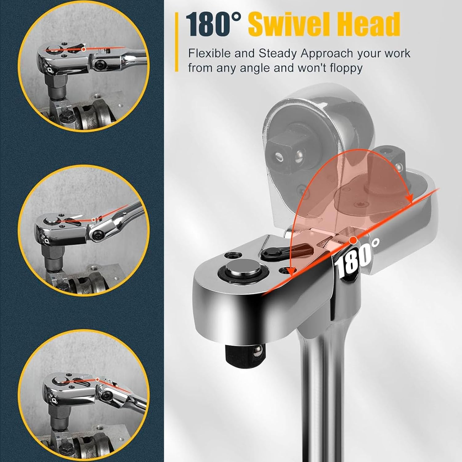 Jiawu 6-Piece Flex Head Ratchet Set, 1/4", 3/8", 1/2" Drive, Swivel Head Ratchet Wrench with Extension Bar, 72 Tooth, 180&deg; Adjustable, Quick-Release, Flexible Ratchet Handle image number 5