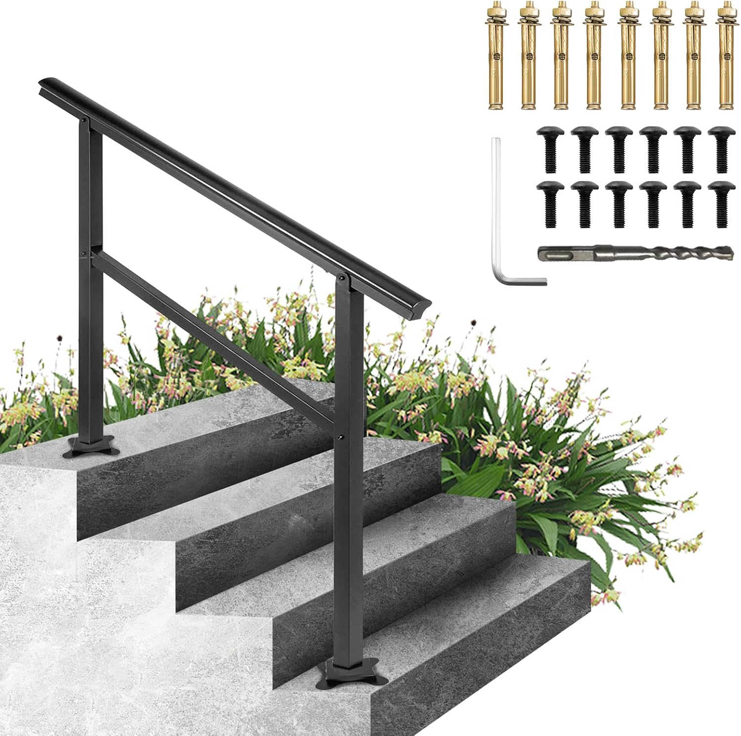 VEVOR Black Powder Coated Aluminum Handrail for Outdoor Steps, 3-4 Steps, 48 X 35.5In, 165Lbs Weight Capacity