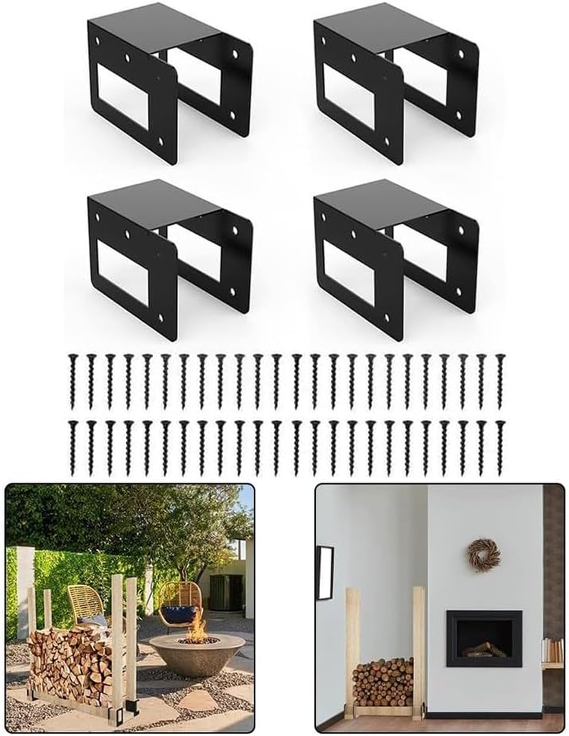 4-Piece Firewood Log Storage Rack Bracket, ,Indoor Outdoor Adjustable Heavy Duty Powder Coated Steel Holder, Fireplace Wood Storage Holder, Log Holders for Indoor Outdoor Fireplace, Black image number 2