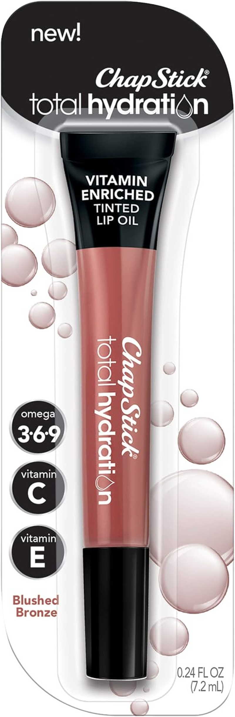 Chapstick Total Hydration Vitamin Enriched Tinted Lip Oil (Nearly Nude, 1 Tube), Vitamin C, Vitamin E, Contains Omega 3 6 9, 0.24 Ounce