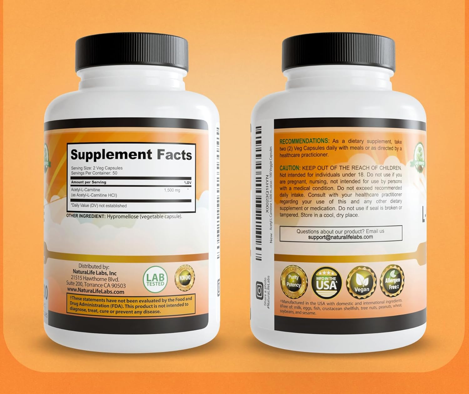 Acetyl L-Carnitine 1,500 Mg High Potency Supports Natural Energy Production, Supports Memory/Focus - 100 Veggie Capsules