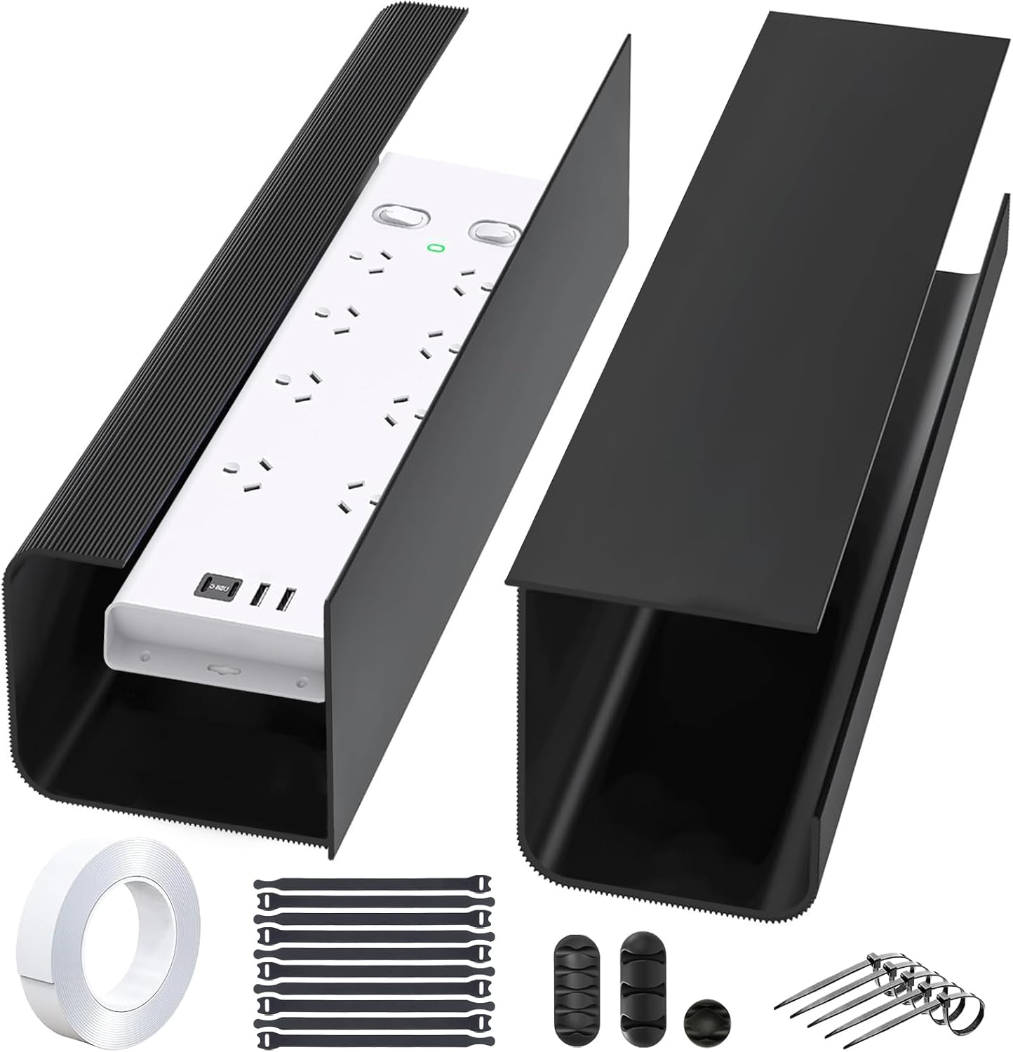 Ixtra under Desk Cable Management Tray 2 Pack 40Cm No Drill PVC Cord Organizer Box Self-Adhesive Installation Wire Management Computer Cable Hider for Standing Desk Office & Home-Black image number 3