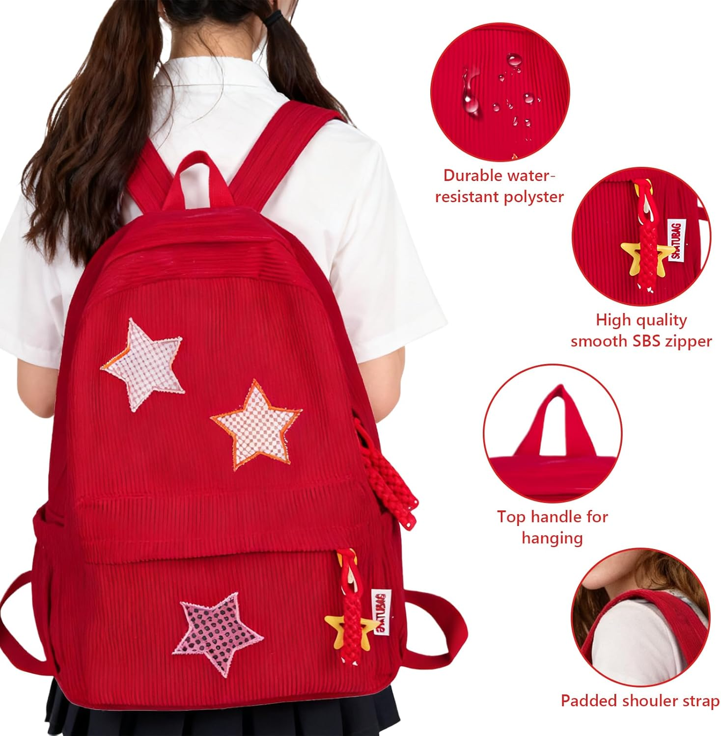 Taolivingmart Corduroy Backpack with Star Pattern, Trendy and Versatile, Fits 14'' Laptop Large Capacity Daily Commute - Beige image number 5