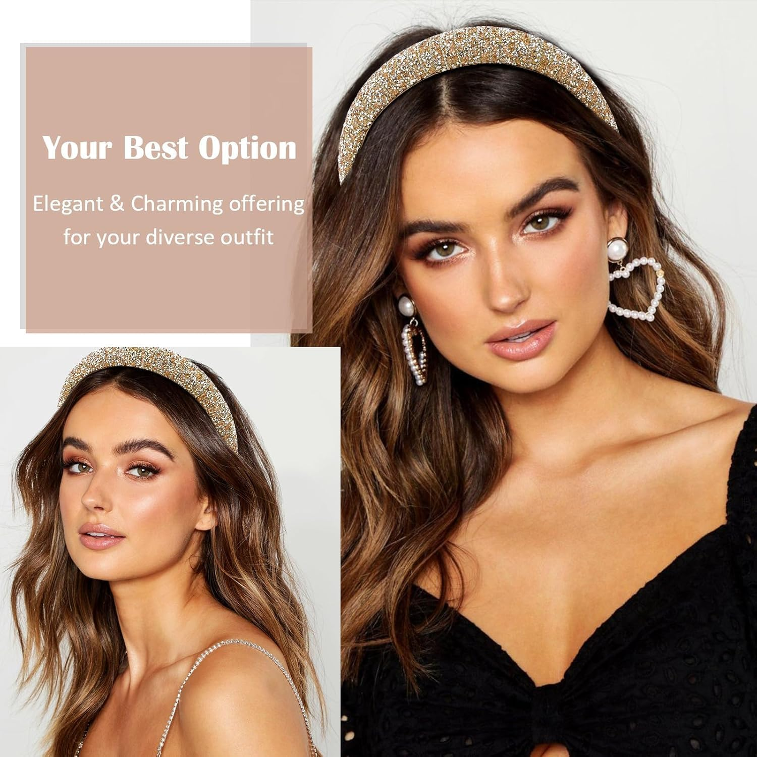 1PC Gold Crystal Headbands for Women Girls, Cute Puffy Padded Headband for Wedding Bride Fashion, Wide Thick Bling Hairbands Hair Hoop Accessories for Birthday (Gold, One Size) image number 5