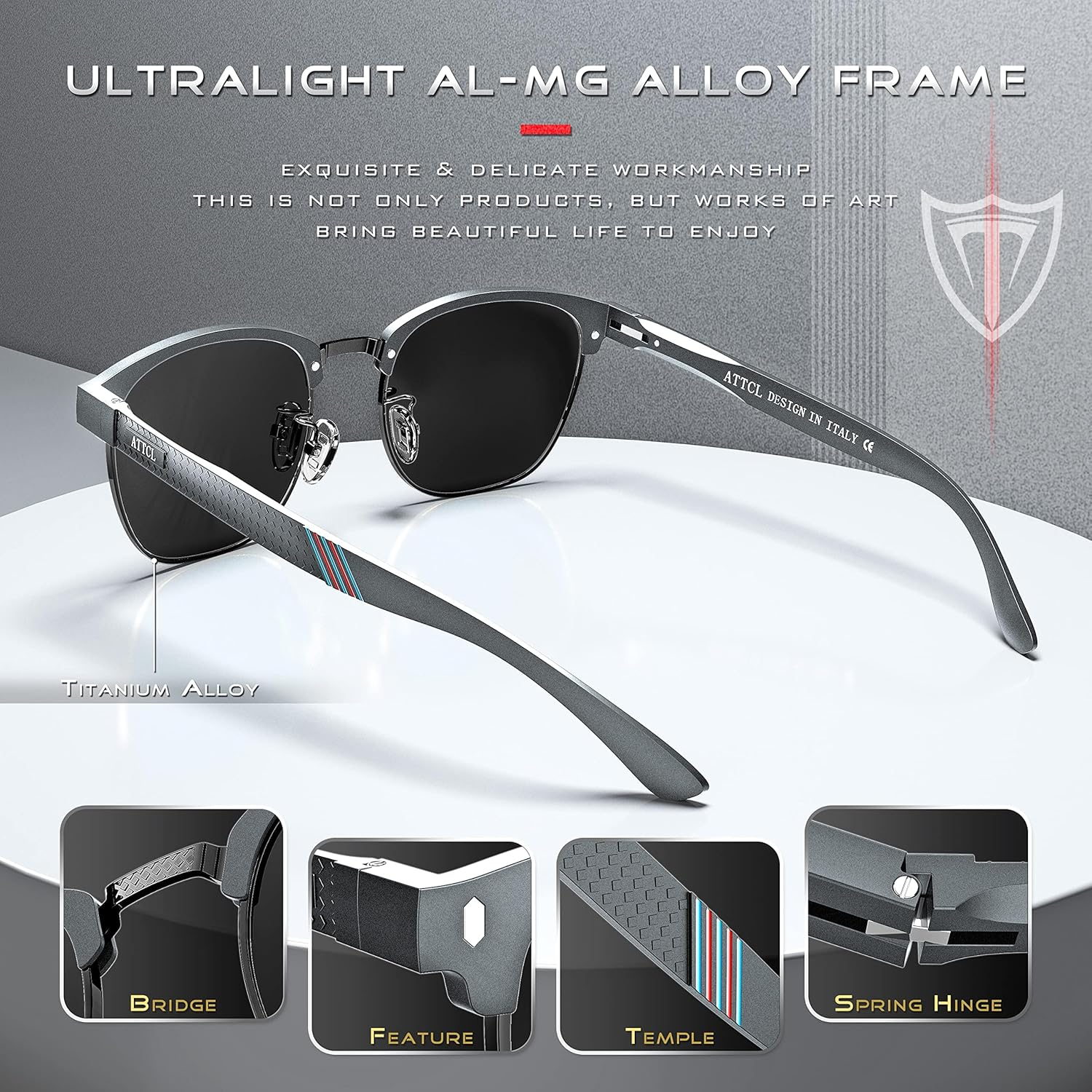 ATTCL Polarized Sunglasses for Men Driving: Lightweight Al-Mg Metal Frame Square Semi Rimless UV Protection for Travel Hiking - 8188-Black/Not Mirrored image number 5