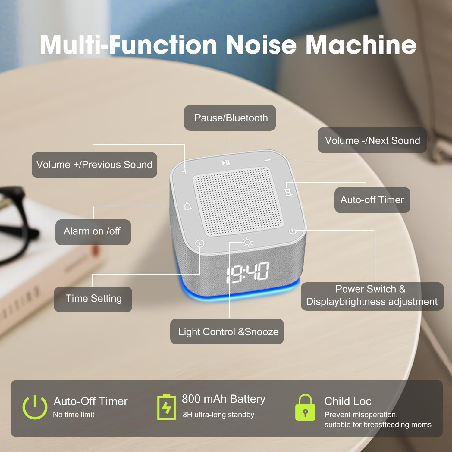WEKUBA White Noise Machine & Alarm Clock 2-In-1，32 Soothing Sounds, 8 Night Lights, App Control, USB Rechargeable, for Adults & Baby，Usb Rechargeable, Portable Sound Machine for Home, Travel image number 6