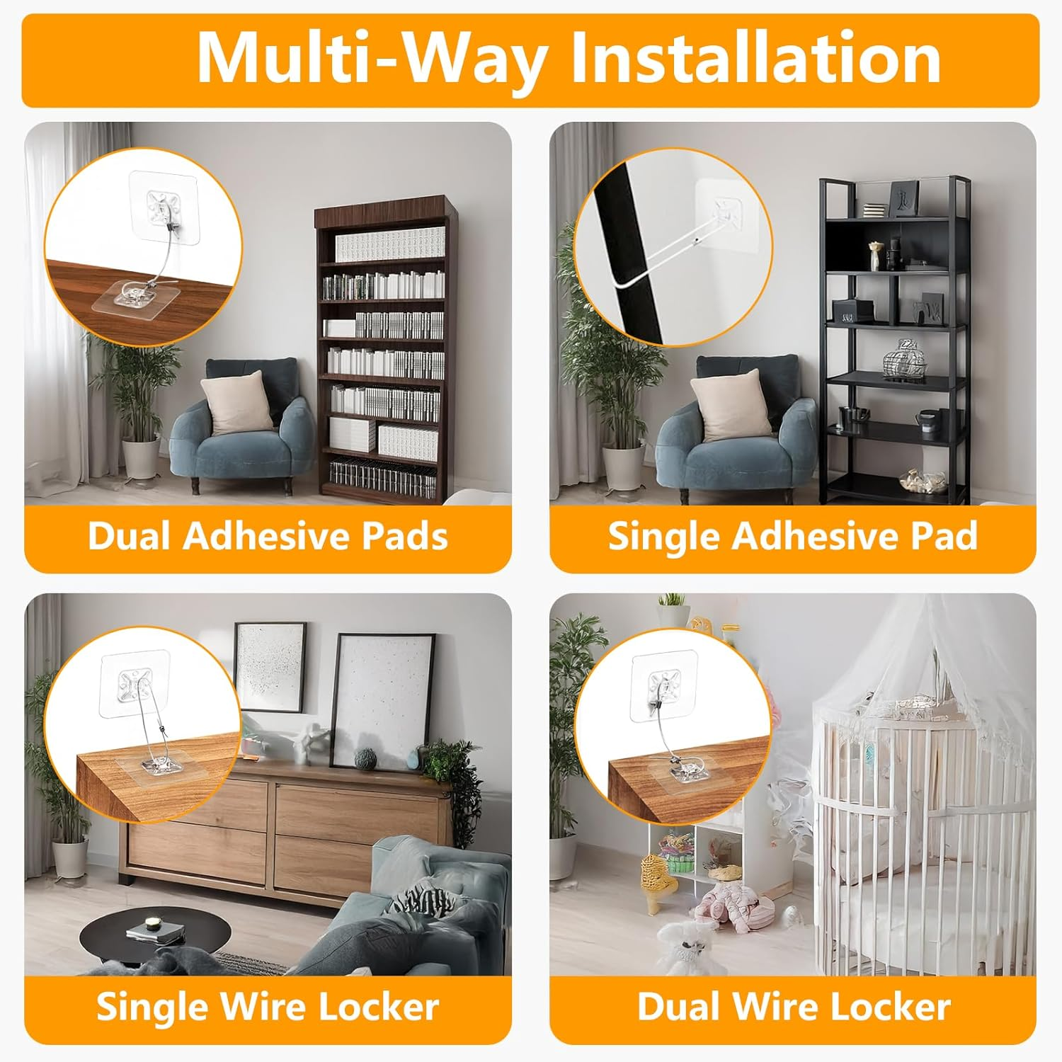 No Drill Metal Furniture Anchors (10 Packs) for Baby Proofing, 14" Adhesive Anti-Tip Furniture Wall Safety Straps for Child, Keep Toddlers & Pets Safe from Falling Furniture like Dresser & Bookshelf image number 5