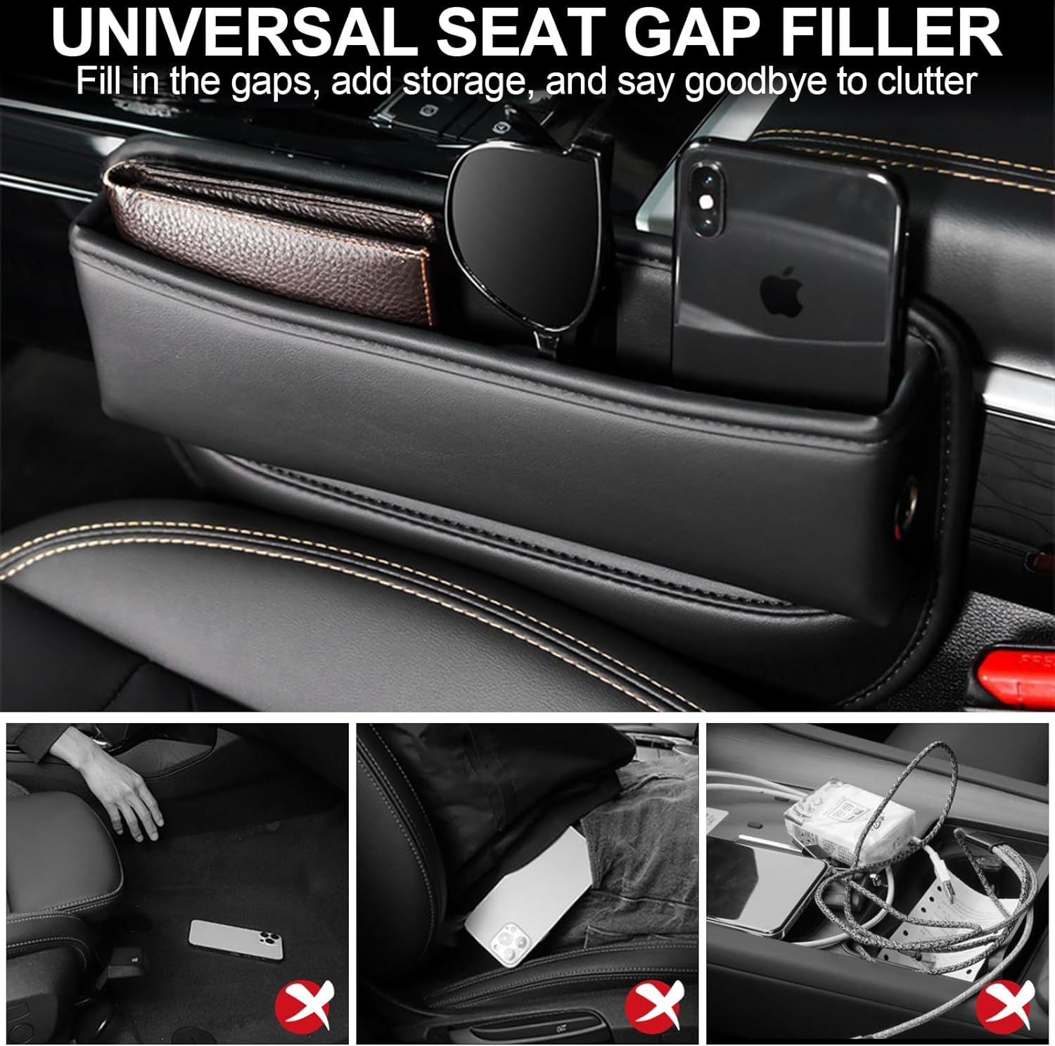 Car Seat Gap Filler, 2 Pack Multifunctional Car Seat Organizer, Leather Console Side Storage Box with Cup Holders, Universal Car Front Seats Crevice Holder for Phone, Wallet, Cards, Keys (Style 1)