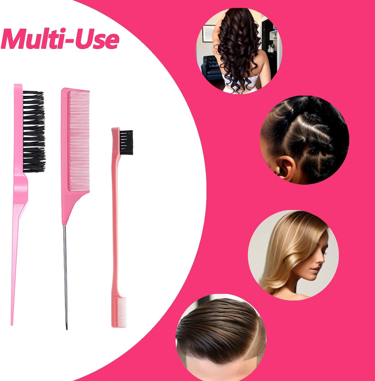 3 Pcs Slick Back Hair Brush Set, Curly Hair with Edge Brush, Bristle Hairs Brush, Rat Tail Comb for Edge and Back Brushing, Combing Slicking Hairs for Women(Color:Pink)