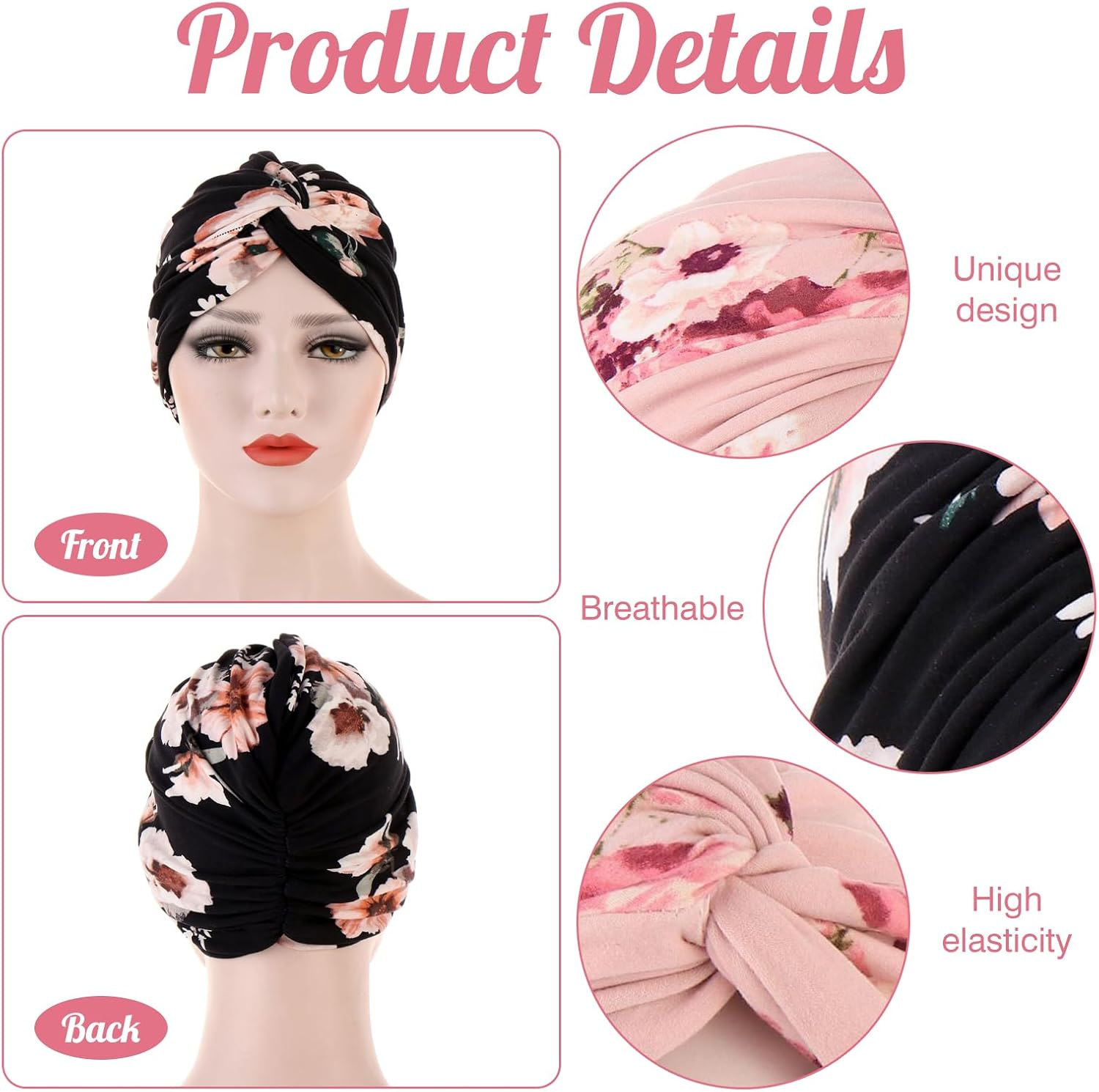 Women'S Chemo Hats, Turban, Chemo Headgear, Women'S Headscarves for Cancer Patients, Hats for Cancer Patients, Headscarf Hair Band, Pre-Tied Beanie Headpiece, Pleated Hat for Women image number 3