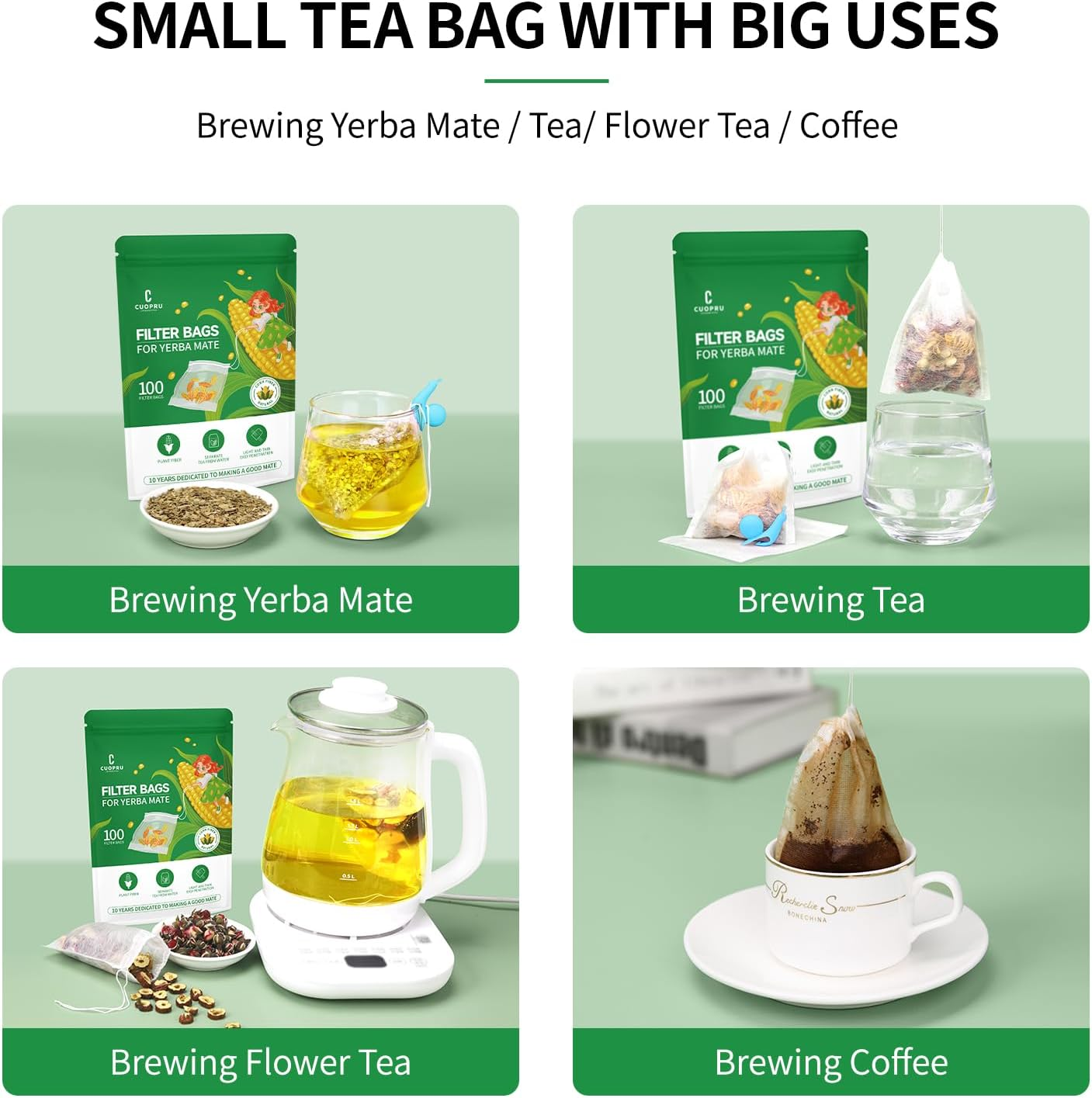 CUOPRU Tea Filter Bags with Drawstring for Yerba Mate Loose Leaf, Safe and Natural Material, Disposable Tea Infuser, 3.94 X 3.15 Inches (100, Pcs) image number 5