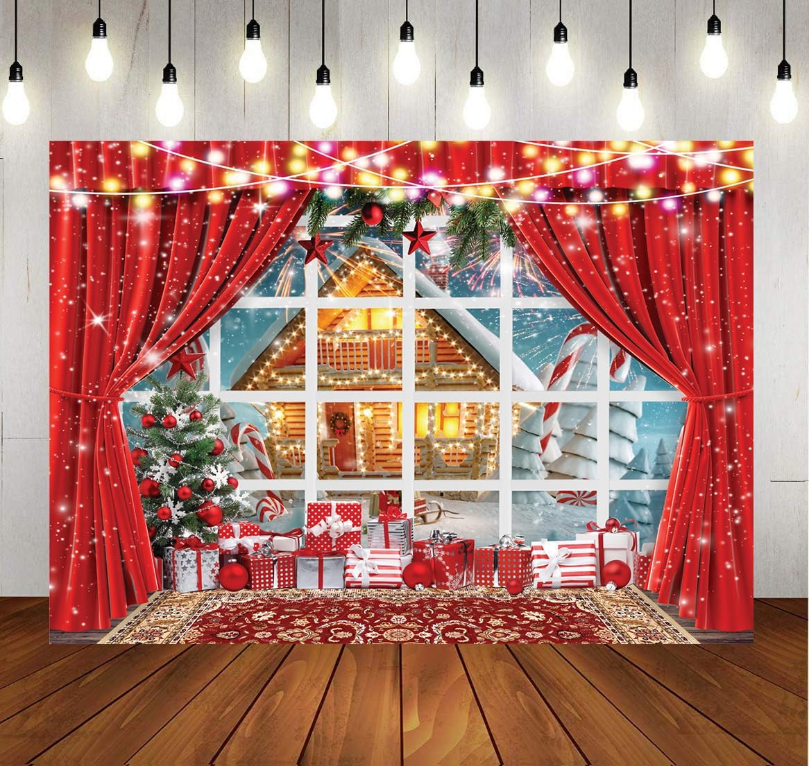 LYCGS 8X6Ft Christmas Backdrop Winter Christmas Window Photography Background Xmas Party Backdrop Xmas Tree Snow Fireworks Cartoon Christmas Photo Backdrops X-166 image number 4