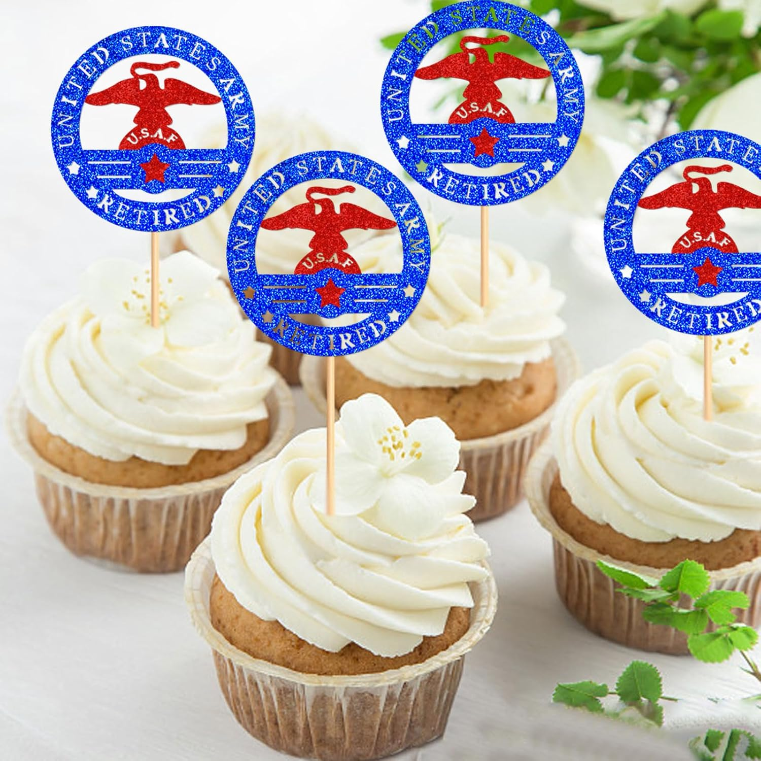 24PCS Military Themed Cupcake Toppers Badge Military Themed Retired Cupcake Picks Navy Bound Themed Cupcake Decorations Retirement Army Birthday Party Cake Decorations Supplies image number 1