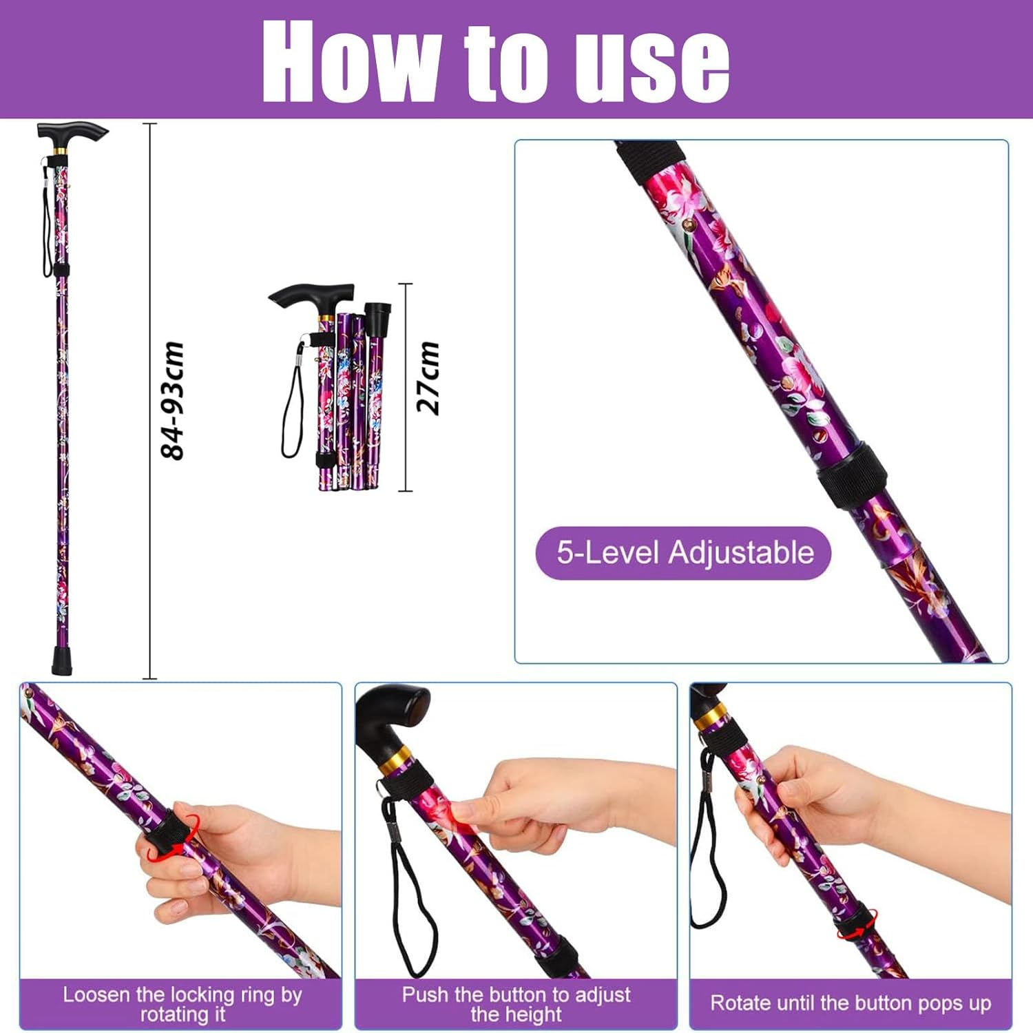 Foldable Walking Cane for Seniors,Walking Sticks for Women Folding Walking Sticks Adjustable Walking Stick， Pocket Cane Lightweight Adjustable Heavy Duty Folding Walking Stick image number 4