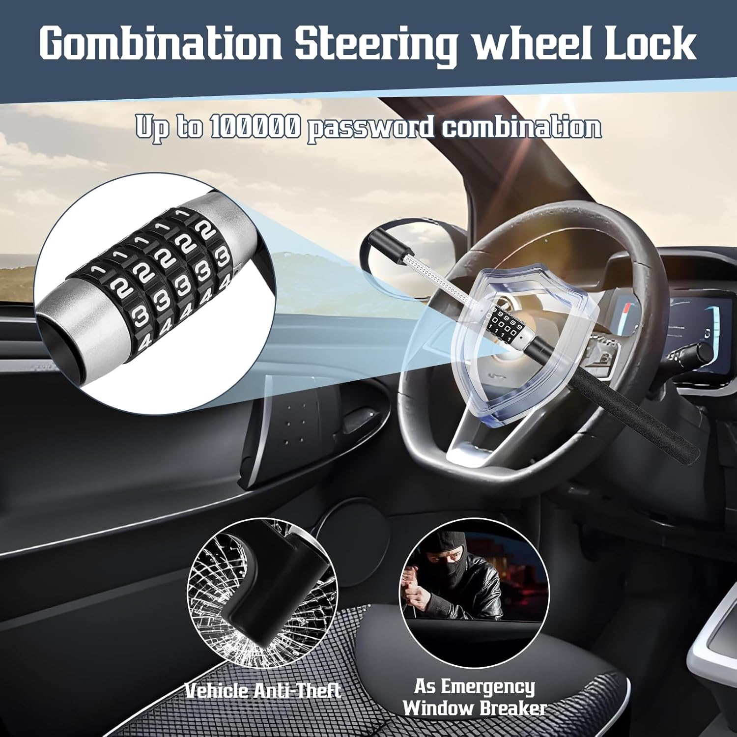 Steering Wheel Lock,Retractable Car Security anti Theft Lock,Heavy Duty Keyless Password Car Device Steering Wheel Lock with Double Hooks Design for Enhanced Vehicle SUV Vans Truck Protection image number 1