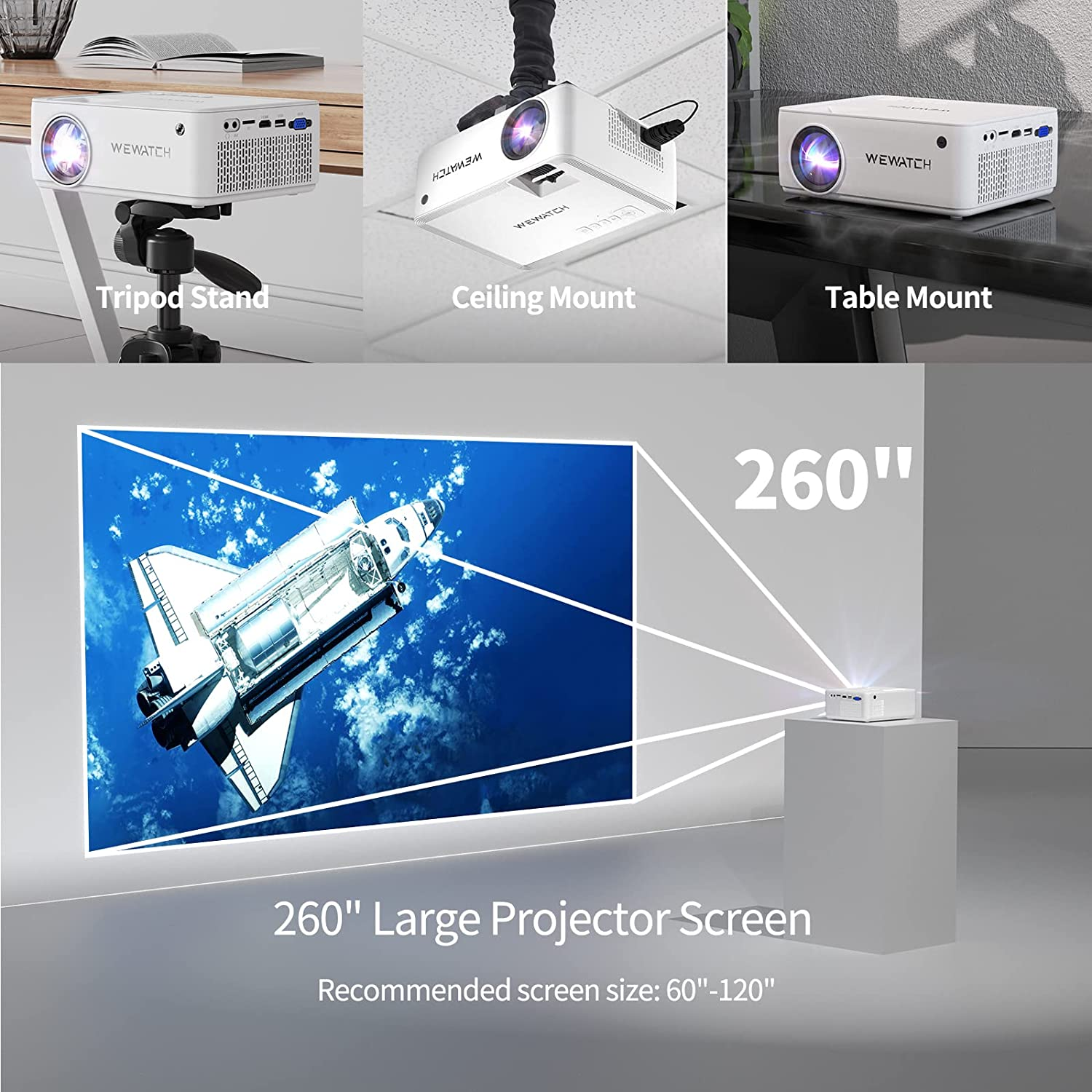 Wifi Mini Projector, WEWATCH 8500 Lumens Movie Projector, 1080P Full HD, 260" Projection Size, Portable Video Projector for Outdoor Use, Compatible with TV Stick, HDMI, USB, Ios Android Phone