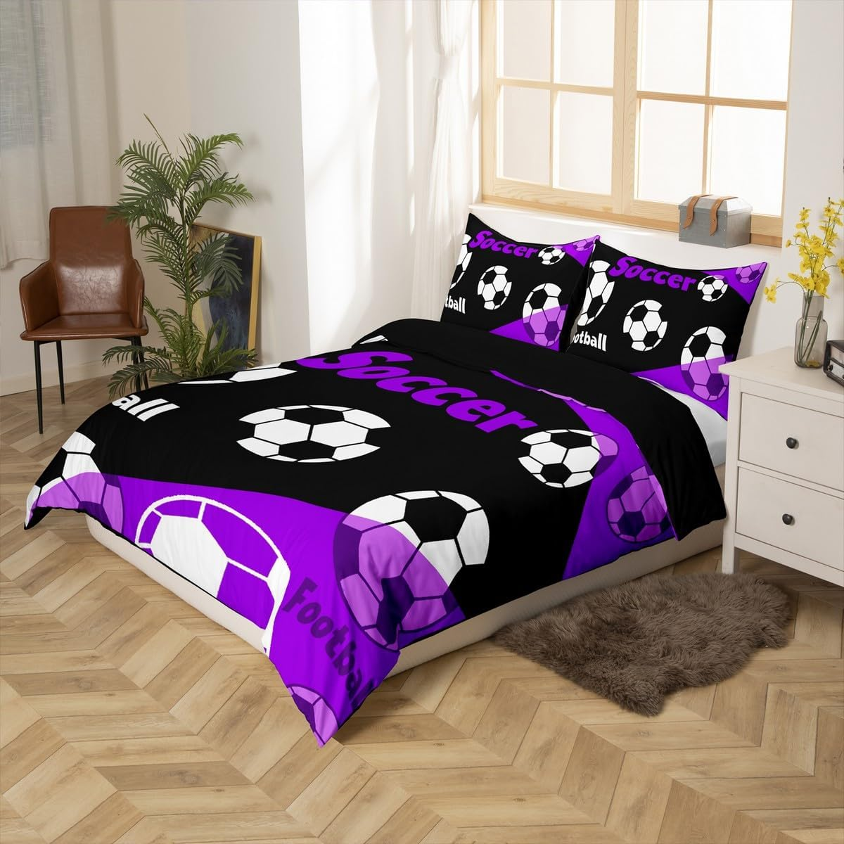 Manfei Teens Football Duvet Cover S Size, Black White Football Bedding Set, Sports Theme Purple Quilt Cover, Kids Boys Adult Room Decor, Soft and Lightweight, 1 Pillowcase