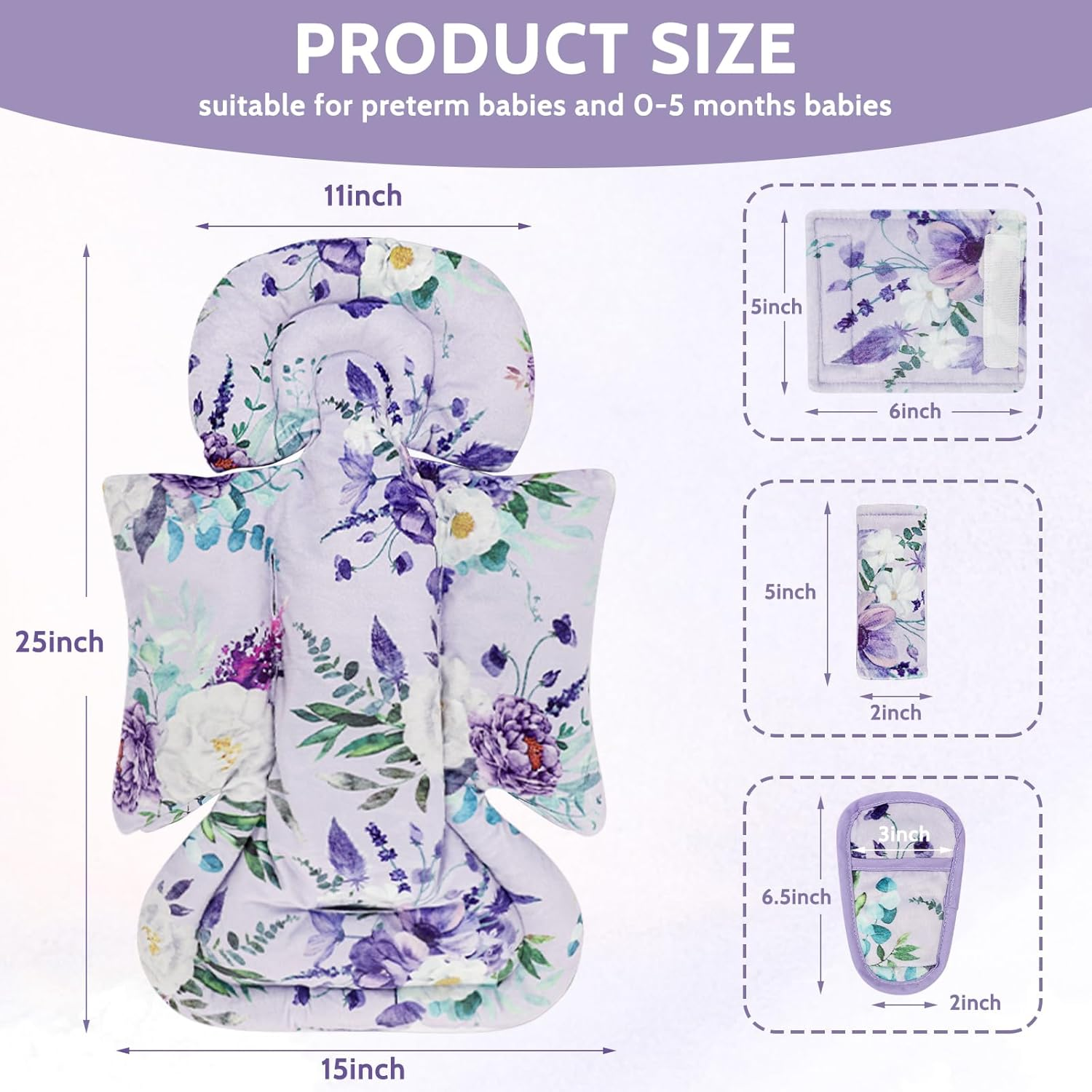 Infant Car Seat Insert and Strap Covers, Very Soft Car Seat Head Support Baby Girl Boy, Reversible Newborn Carseat Insert Cushion Fits for Stroller, Baby Swing, Bouncer (Purple Floral) - White Animals image number 3