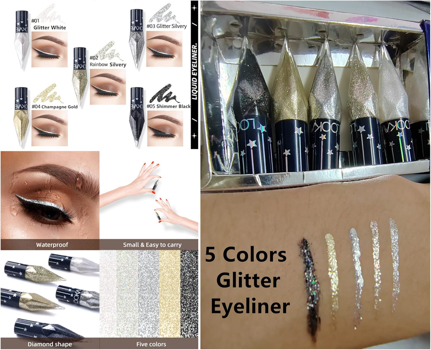 Go Ho Glitter Liquid Eyeliner Colorful Set,5 Colors Metallic Shimmer White Black Silver Gold Diamond Eyeliner,Glitter Eye Liner Sticks,Waterproof Long Lasting Sparkle Eye Makeup image number 6