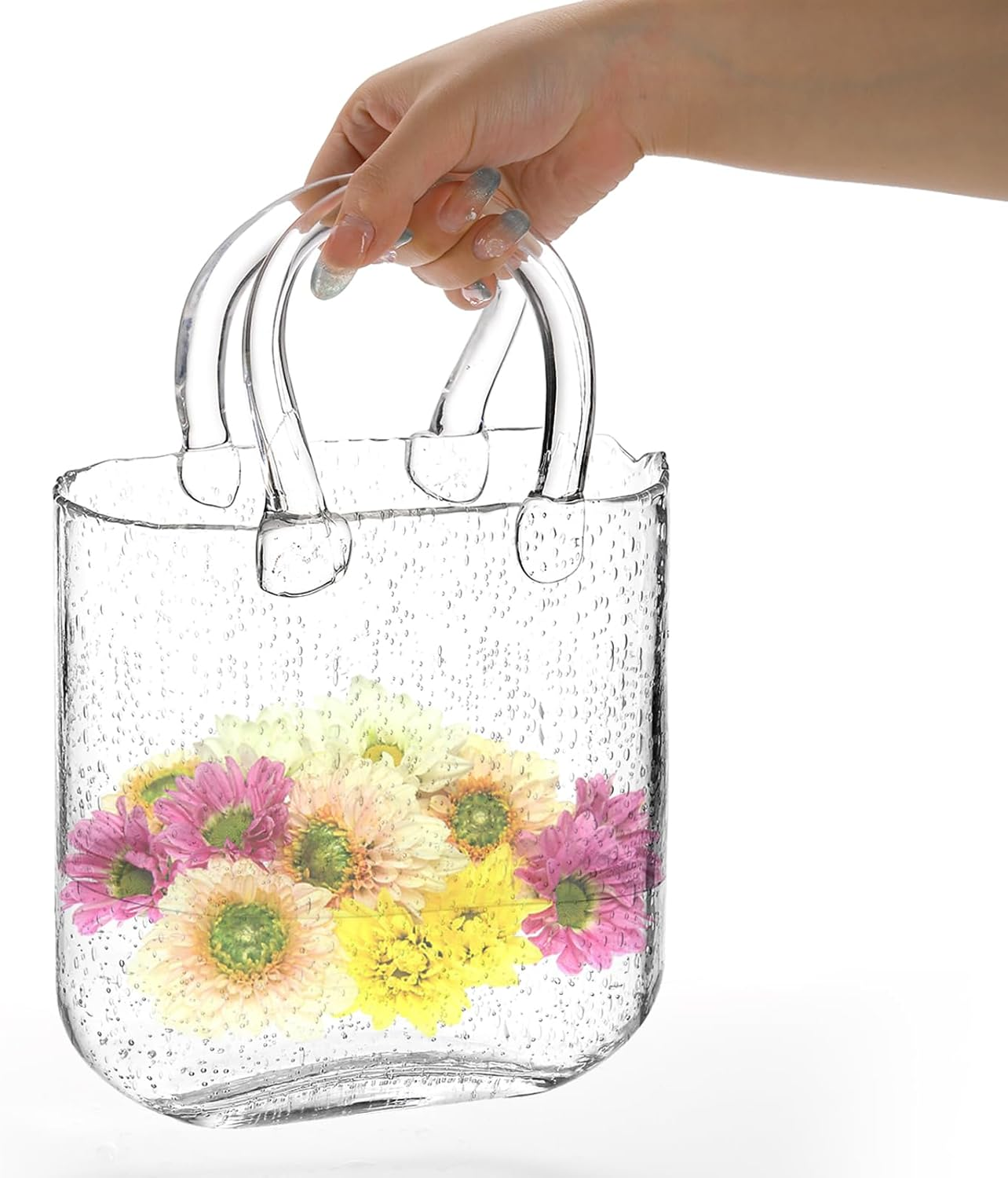 Noamus Purse Vase for Flowers, Unique Clear Glass Bag Vase with Handle, Handbag Shape Flower Vase Fish Bowl, Wide Mouth Bubble Vase for Wedding Birthday Centerpieces, Home Garden Decor(Transparent) image number 6