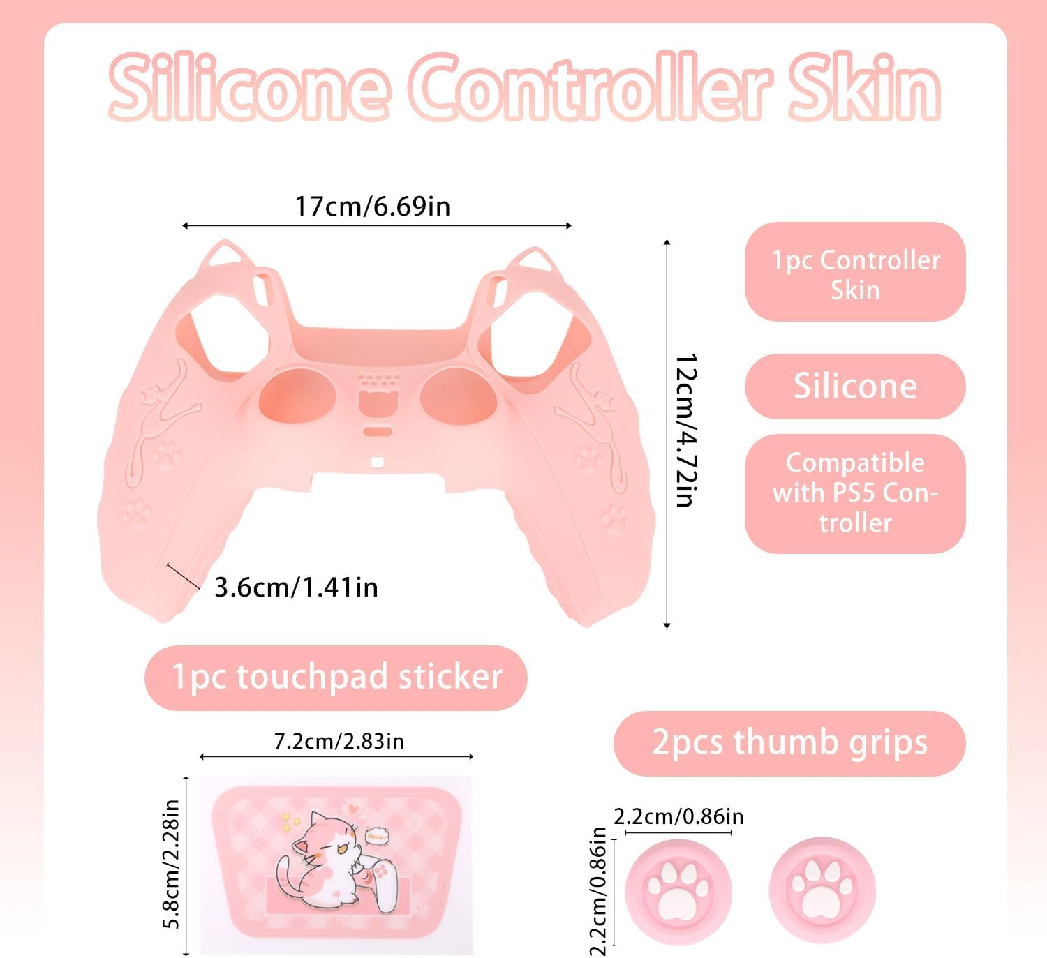 Pink Controller Skin Set for PS5, Cute Cat Paw Anti-Slip Silicone Cover Case for PS5 Wireless Controller Accessories Protective Shell with Thumb Grips & Touchpad Sticker, Girls Gamer Gifts image number 4