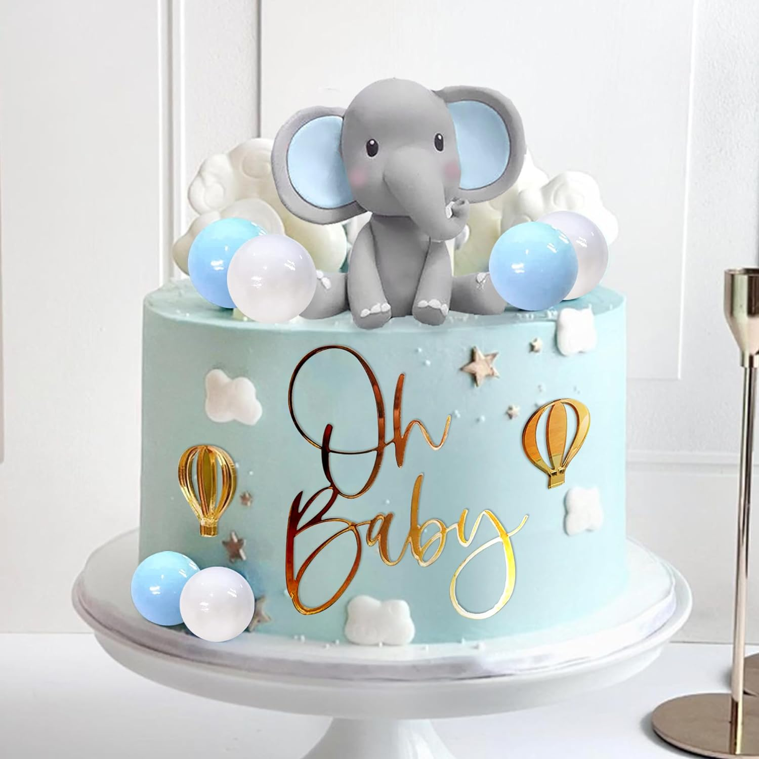 Elephant Cake Decoration with Mini Elephant Oh Baby Cake Topper Blue White Pearl Balls Hot Air Balloon for Baby Shower Boy Elephant Theme Birthday Party Supplies (BLUE) image number 6