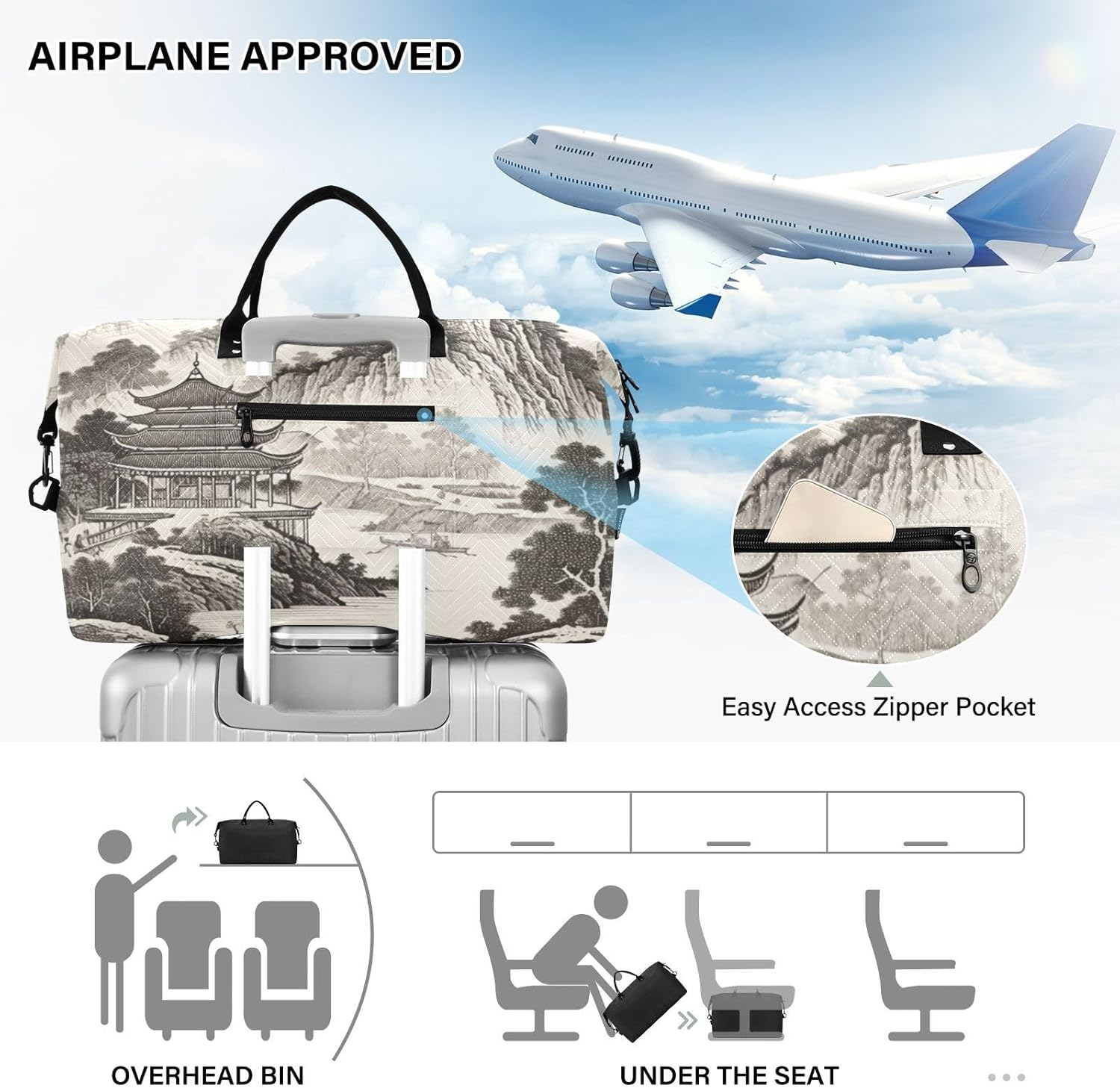 XYMZR Large Travel Duffel Bag, Chinese Landscape Paint Sports Tote Gym Bag, Shoulder Weekender Overnight Bag for Women Men, Carry on Luggage with Toiletry Bags, Multi-Colored image number 3