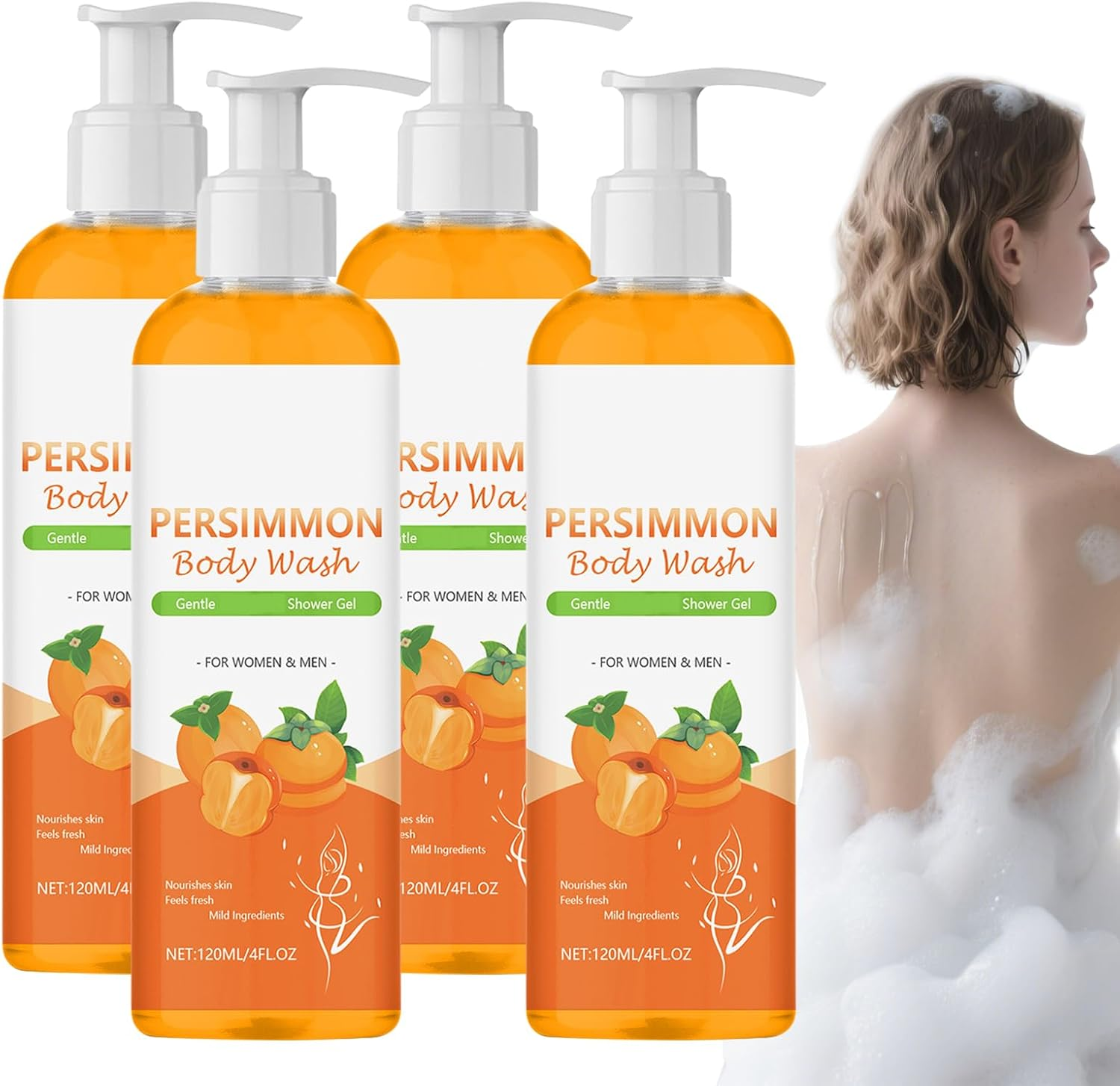 Persimmon Body Wash for Old People Smell, Persimmon Body Wash, Bodys Odor Removal, Cleansing Bodys Deodorizing with Persimmons Extracts, Fresh Scent & Deeply Cleansing, for Old People Smell (4Pcs)