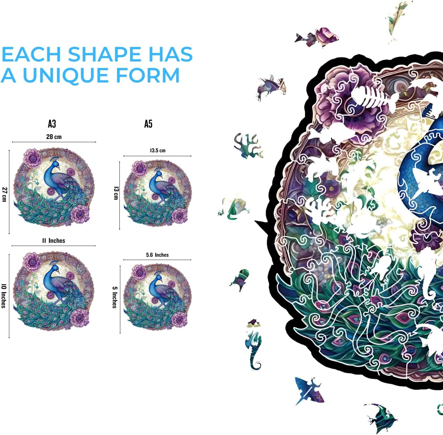CRAFTHUB Enchanted Feather Blue and Purple Peacock Surrounded by Flowers Wooden Jigsaw Puzzle, Large/A3 image number 2