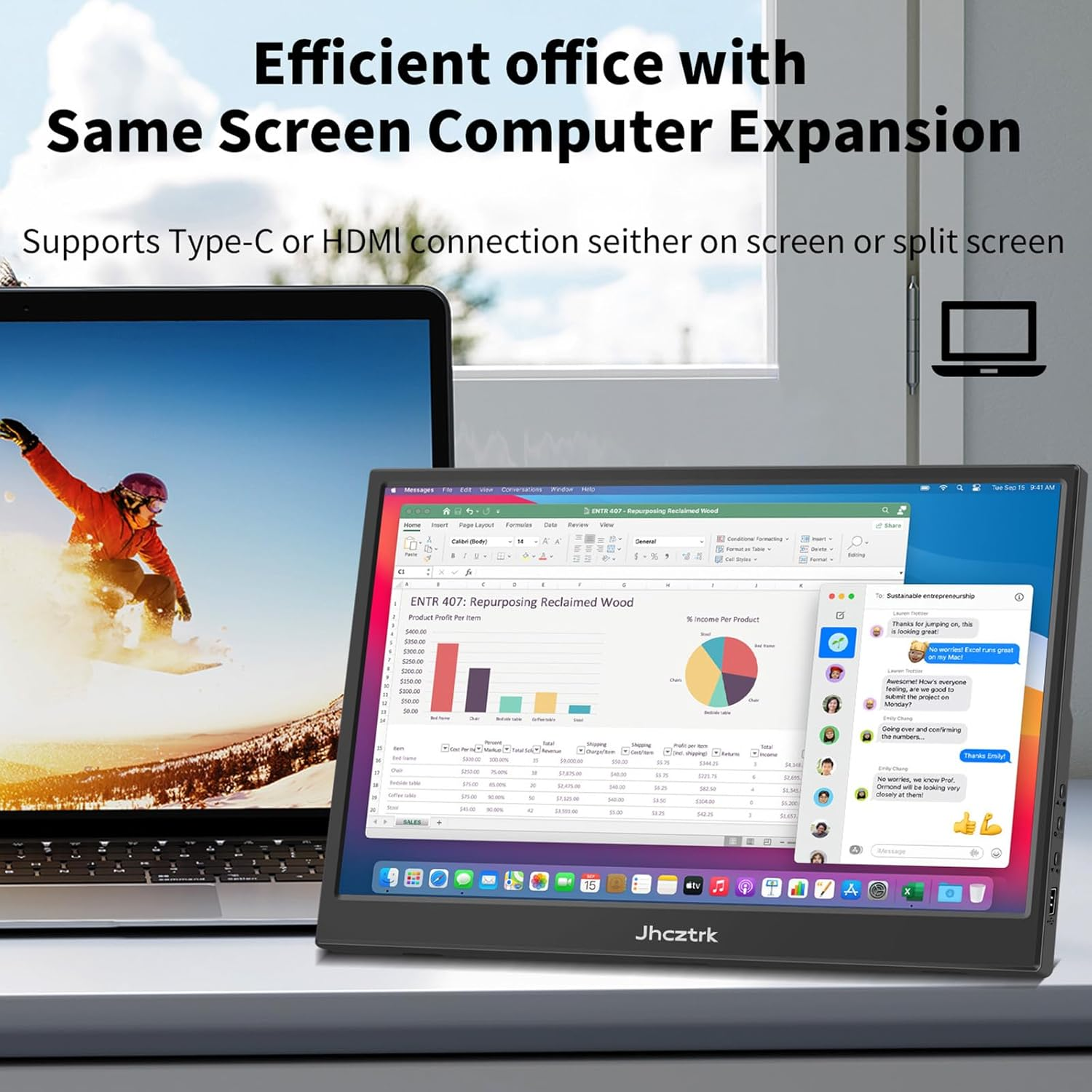 Touchscreen, Portable Monitor 14-Inch Full HD 1200P Built-In Tripod and Dual Speakers HDR Eye Protection Slim IPS Display, USB Type-C HDMI External Monitor for Laptop/Pc/Mac/Iphone/Xbox image number 2