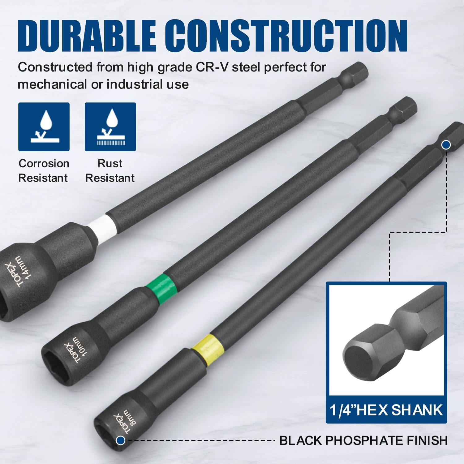 TOPEX 16Pcs Magnetic Impact Nut Driver Set Impact Grade Socket Extension, Metric & SAE Long Drivers, 1/4'' Hex Shank Adapter Drill Nut Driver Power Drill Bit Extensions Tool Accessory image number 5