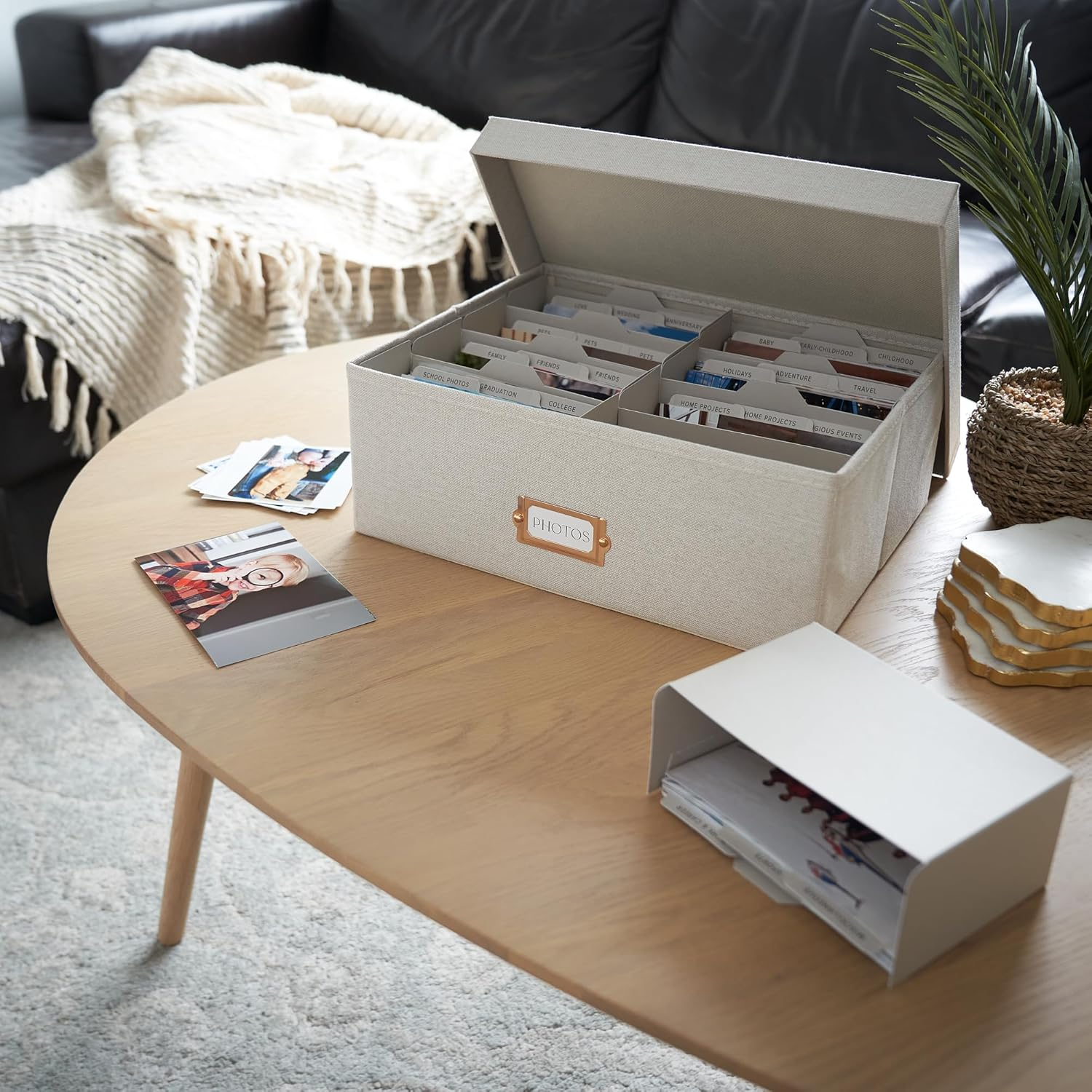 ZICOTO Decorative Photo Storage Box - Sturdy Linen Photo Organizer with Dividers Is Perfect to Store up to 1700 Pictures and 4X6 Photos - Portable Scrapbook Storage Containers with Lid