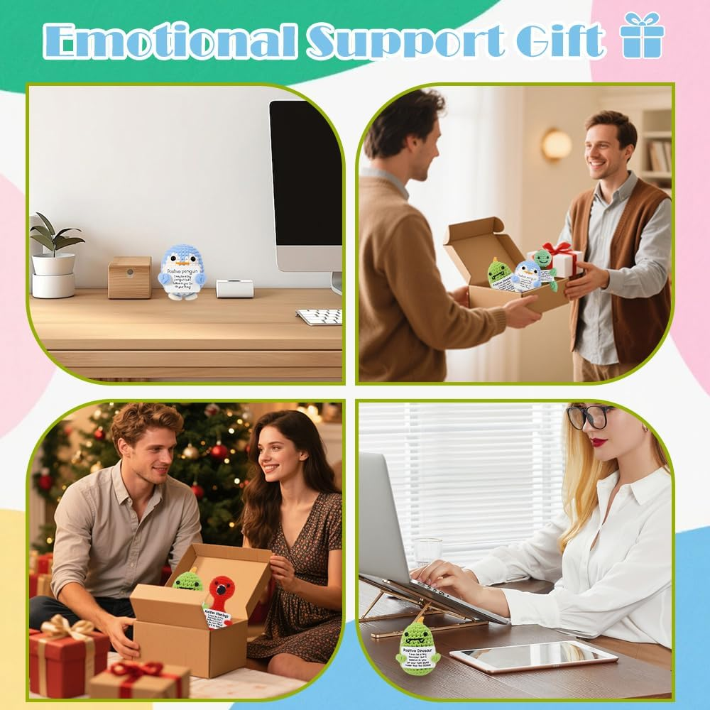 Fayrvind 6 Pcs Emotional Support Positive Crochet Animal Doll Cute Stuff Desk Accessories Birthday Gifts for Women Thank You Gift (Turtle, Duck, Dinosaur, Sloth, Flamingo, Penguin) image number 4