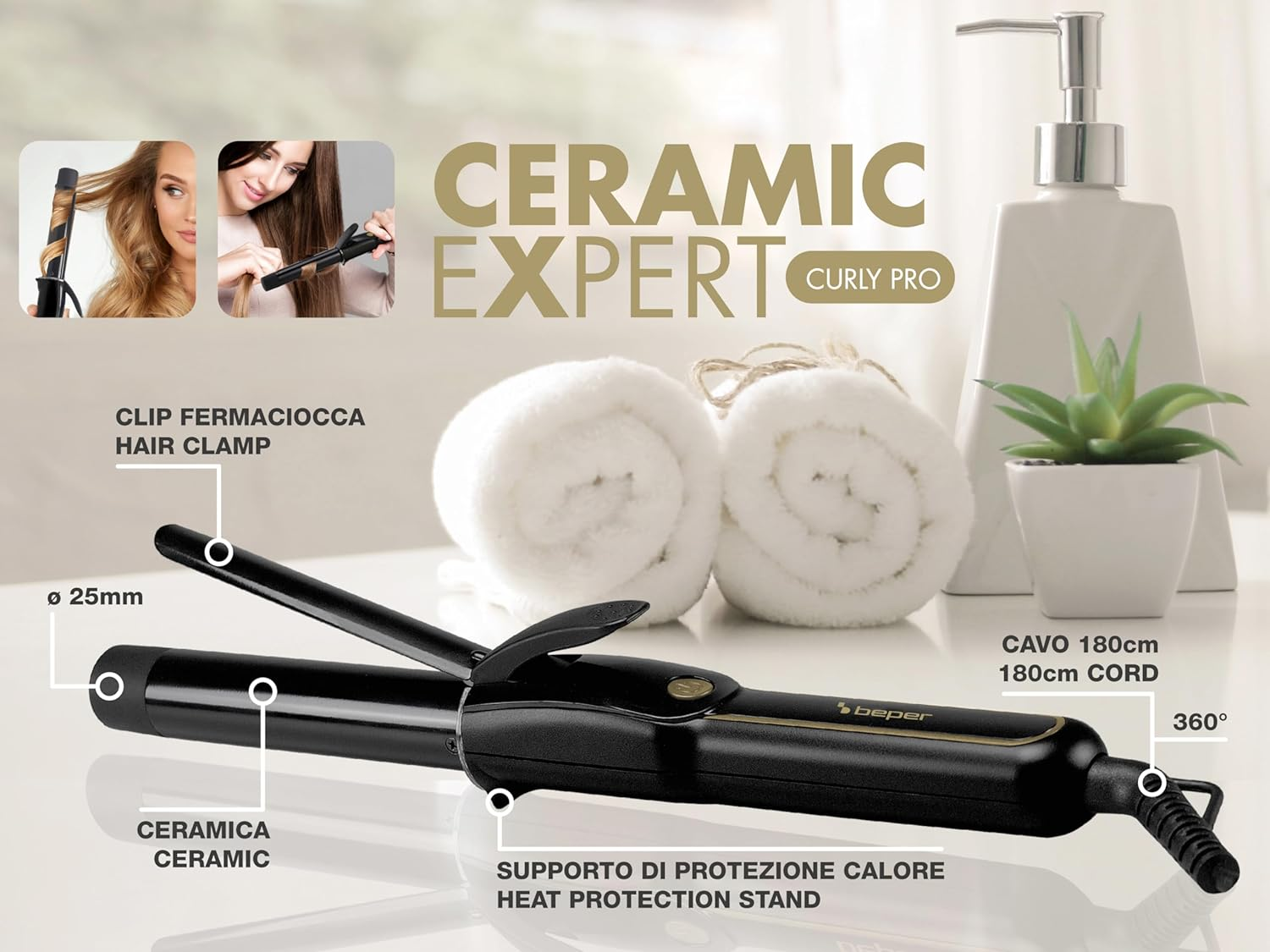 BEPER P301PIS001 Curling Iron Ceramic Coating 35 W Diameter 25 Mm Curling Iron Max. Temperature 180 &deg;C Rotating Cord Cold Tip Black Peque&ntilde;o image number 4