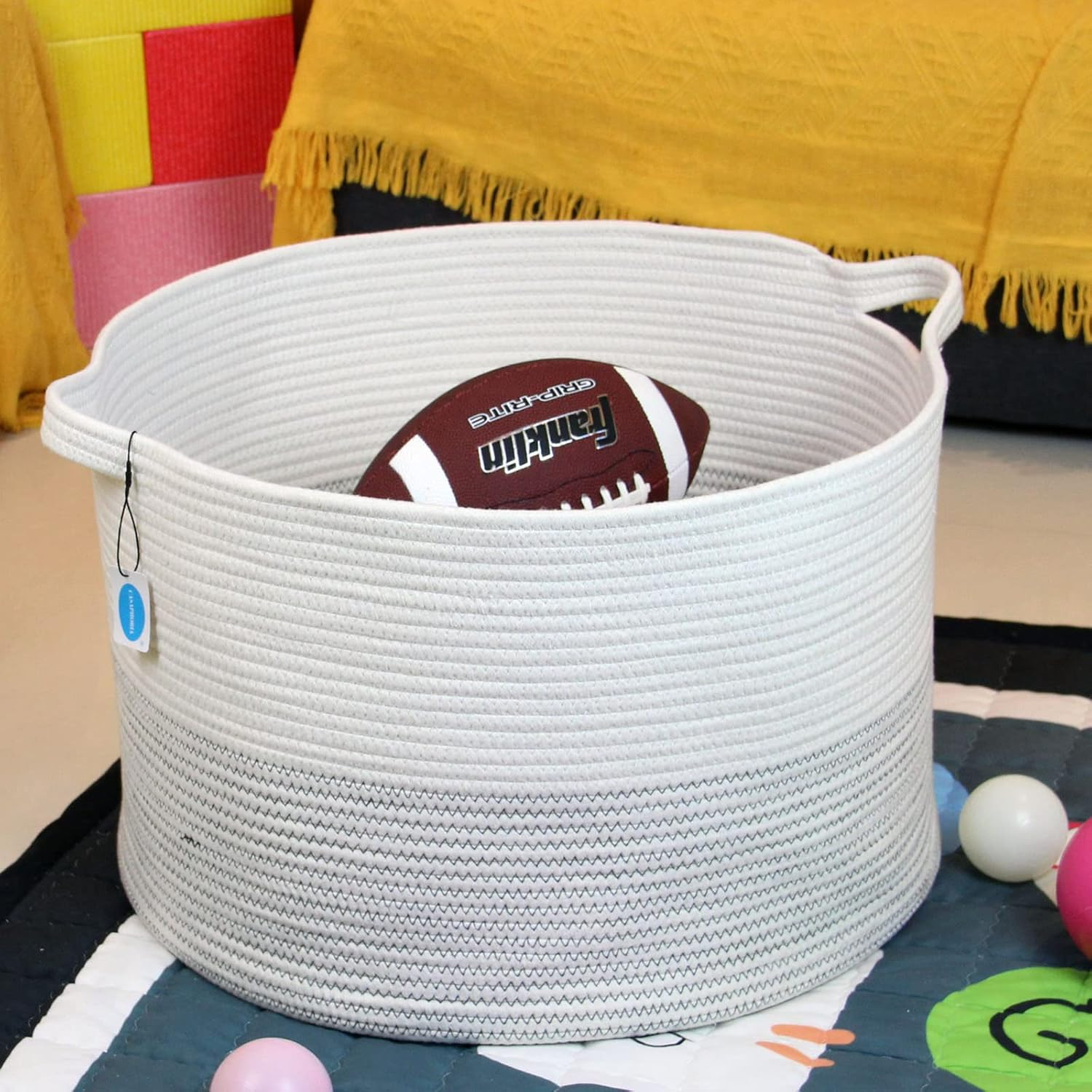 Casaphoria Xxxlarge Cotton Rope Basket 21.7" X 21.7" X 13.8" Woven Laundry Basket for Blankets Storage Basket with Handle Comforter Cushions Storage Bins Thread Laundry Hamper-Black Stitch - &lrm;Beige image number 2