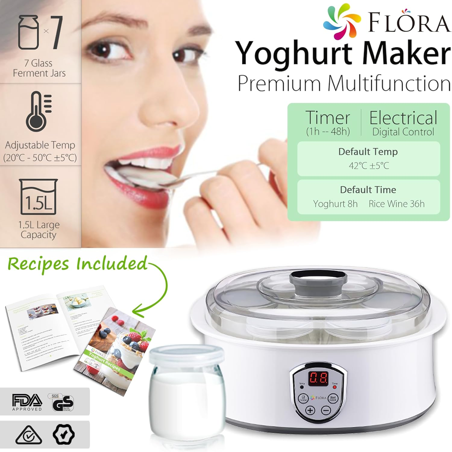 Flora Yoghurt Maker Machine-Electric Automatic Yogurt Making Machine-Large Capacity 1.5L with Natto/Rice Wine Function-7 Glass Jars -Home Organic Yogurt Incubator- Fermented Curd Maker-Fl-Yme-715 image number 5
