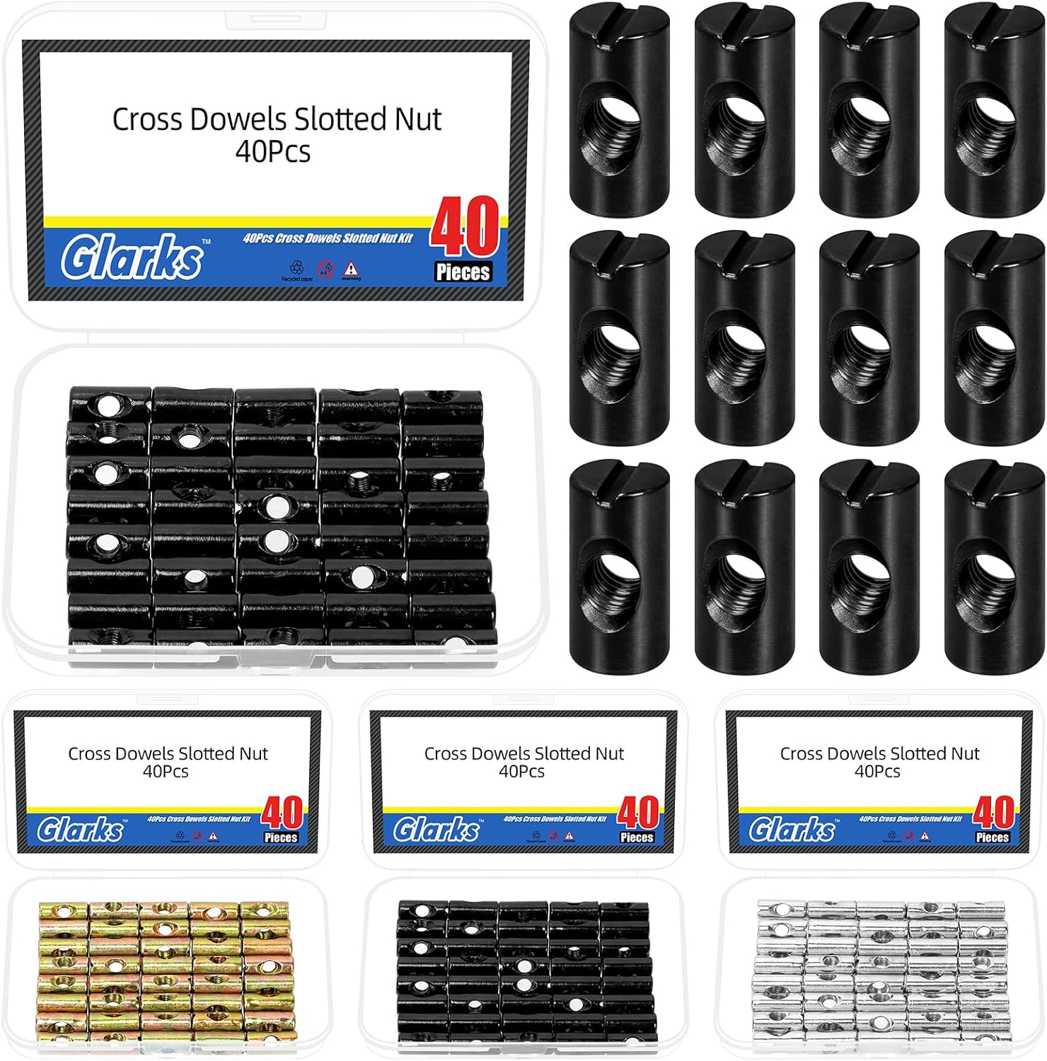 Glarks 40Pcs M6 X 20Mm Black Barrel Cross Dowels Slotted Nut, Heavy Duty Barrel Nut, Hammer Embedded Nut for Furniture Screws, Beds, Crib, Chairs, Hardware Replacement