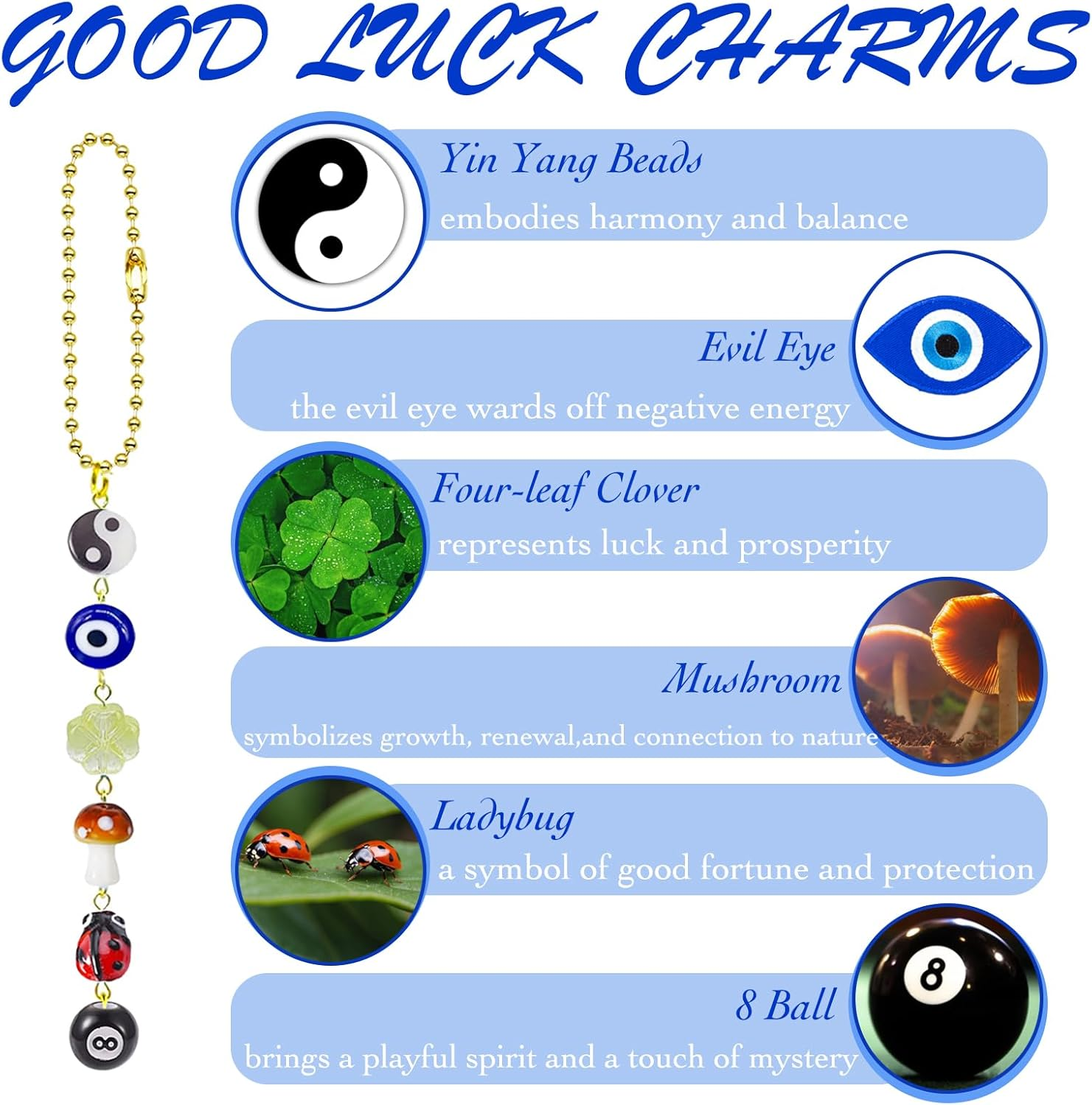 Evil Eye Car Hanging Ornament,Good Lucky Days Car Charm,8 Ball Mushroom Four-Leaf Clover Pendant for Car Rear View Mirror,Cute Boho Evil Eye Ladybug Yin Yang Symbol Car Decor Accessories image number 2