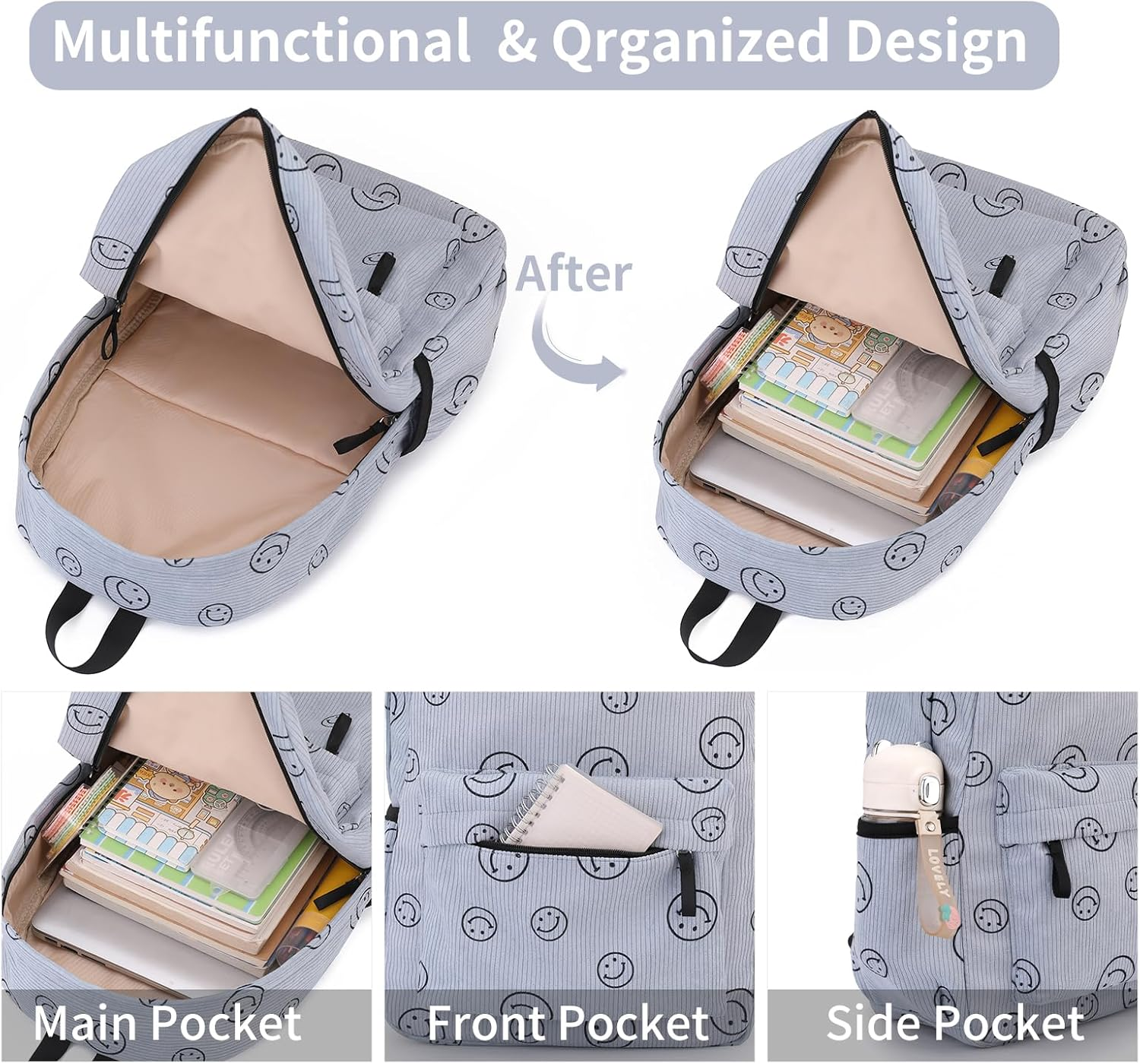 Tanweibago Backpack for Girls Boy Teen Corduroy Bookbags Elementary Middle High School with Lunch Box Pencil Bag - Checkered Brown image number 7