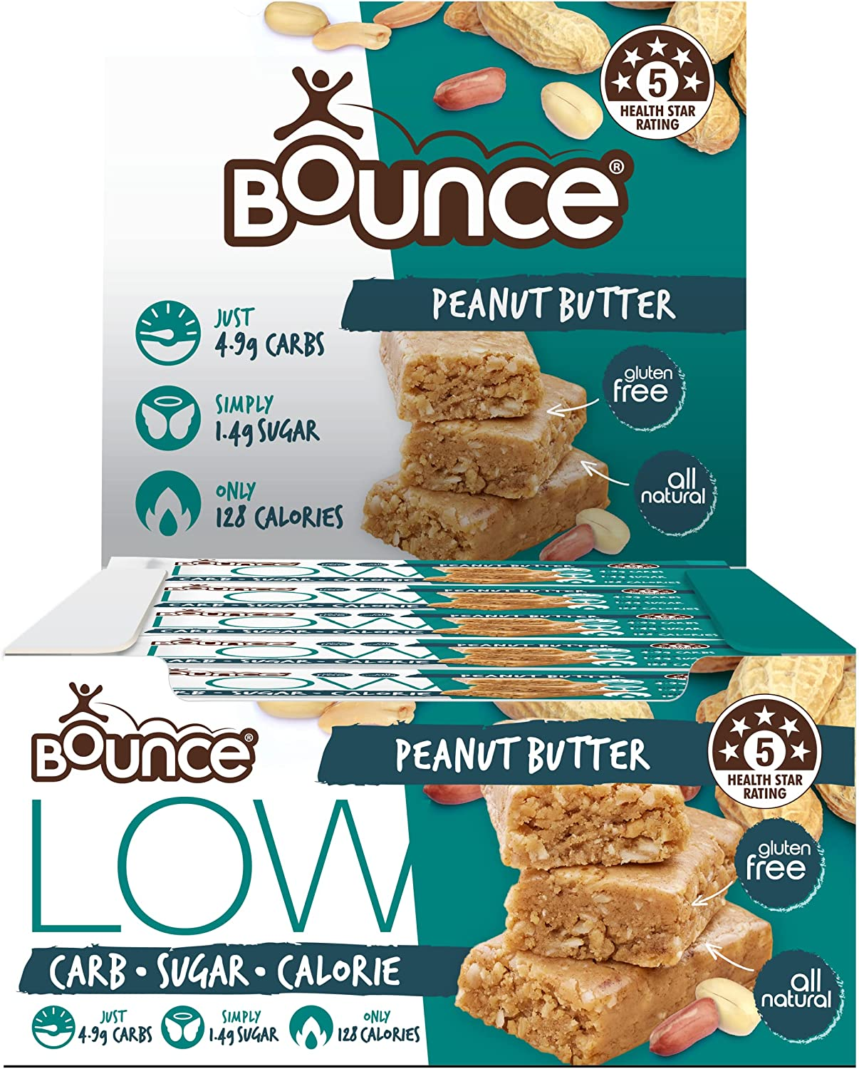 Bounce Peanut Butter Low Carb Low Cal Bar 35G X 15 (525G Total). Snack Healthy with Our Range of Nutritional Low Carbohydrate Low Calorie Low Sugar Bars and Healthy Snacks