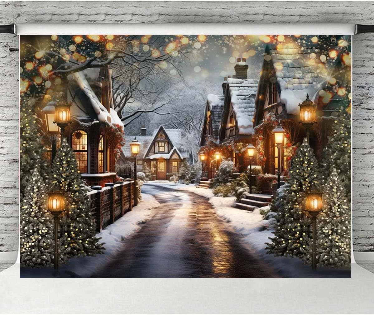 Christmas Snowy Night Background Photography Street Lights Houses Shops Christmas Trees Children Family Backdrops Winter Christmas Eve Fairytale Street Lights Snowy Scene Background,7X5Feet image number 2