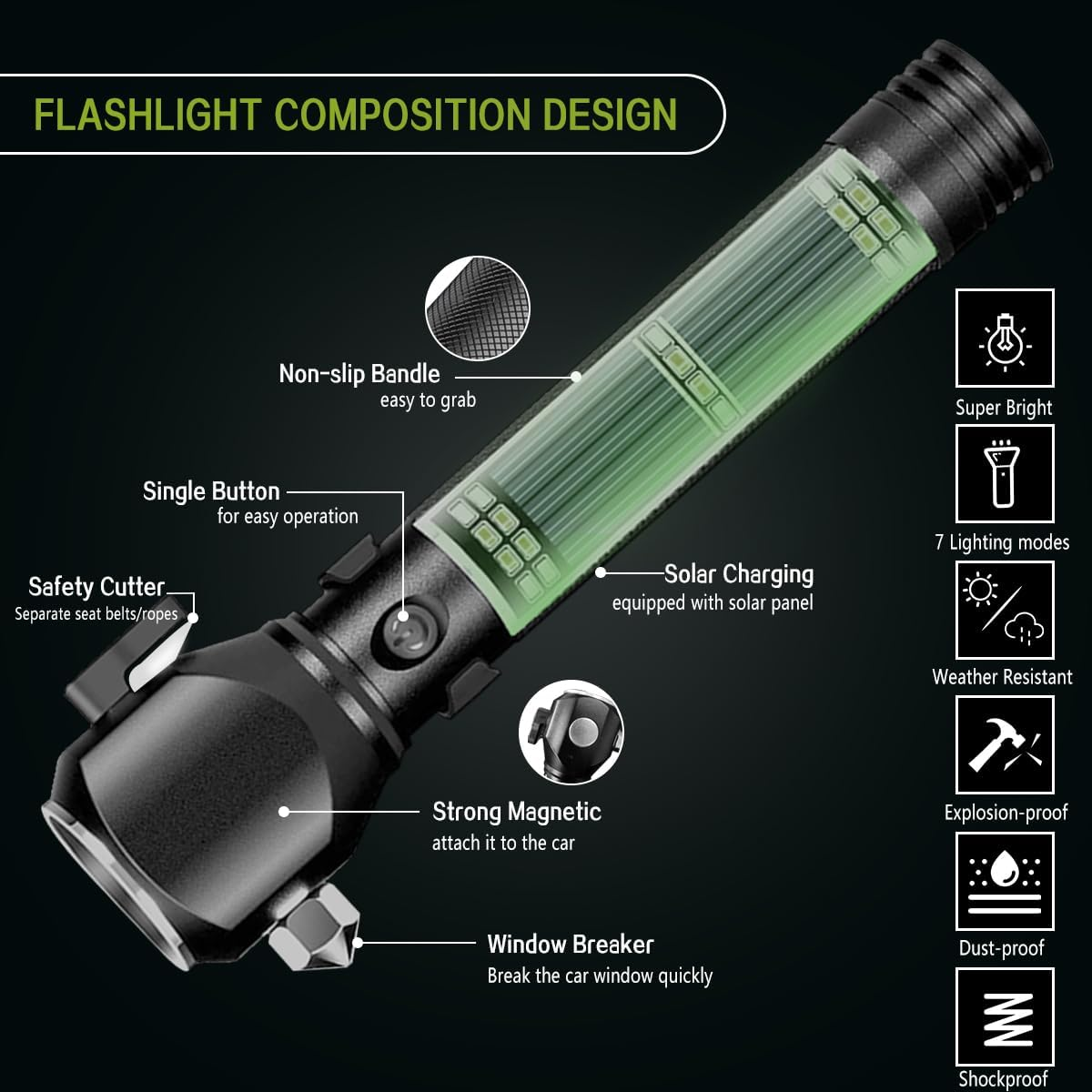 Serjur Rechargeable Solar Powered Flashlight,Multi Function LED Tactical Flashlight with Glass Breaker,Seatbelt Cutter,Alarm and Phone Charger,Powerful Handheld Flashlights for Emergencies Camping image number 6