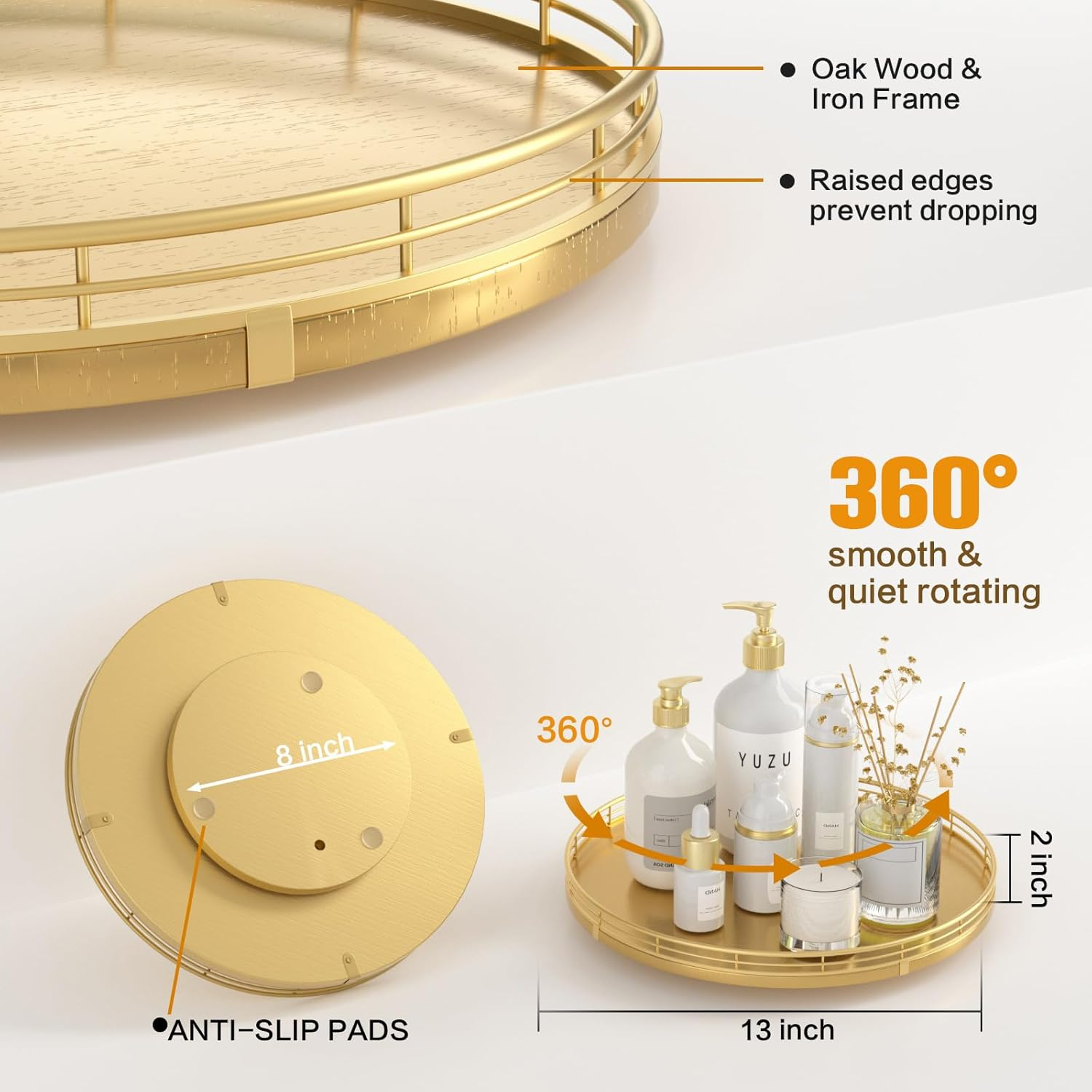 13" Gold Lazy Susan for Table Top, Oak Wood Lazy Susan Turntable Organizer for Dining Coffee Table Centerpiece Bar Decor Kitchen Countertop Bathroom Vanity Decorative Tray for Perfume Jewelry Round